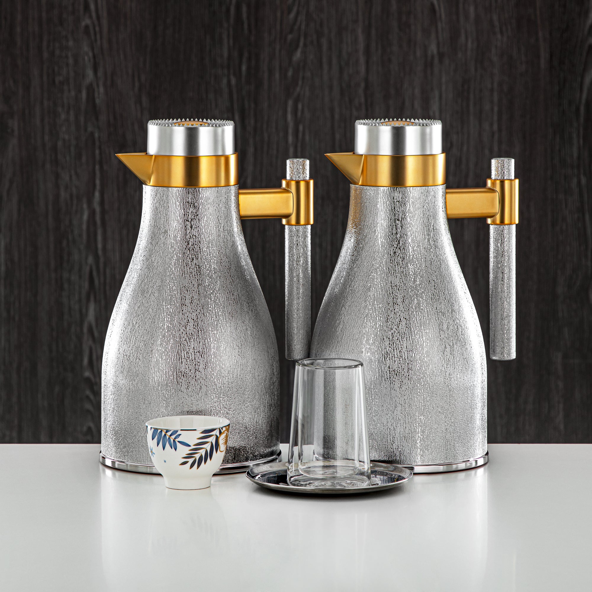Almarjan Vacuum Flask & Tea Set Matt Silver & Matt Gold 1L + 1L (GOK-S-MS-MG + 18PCS-12196-3) – Elegant Serving | Ramadan, Eid & Gatherings