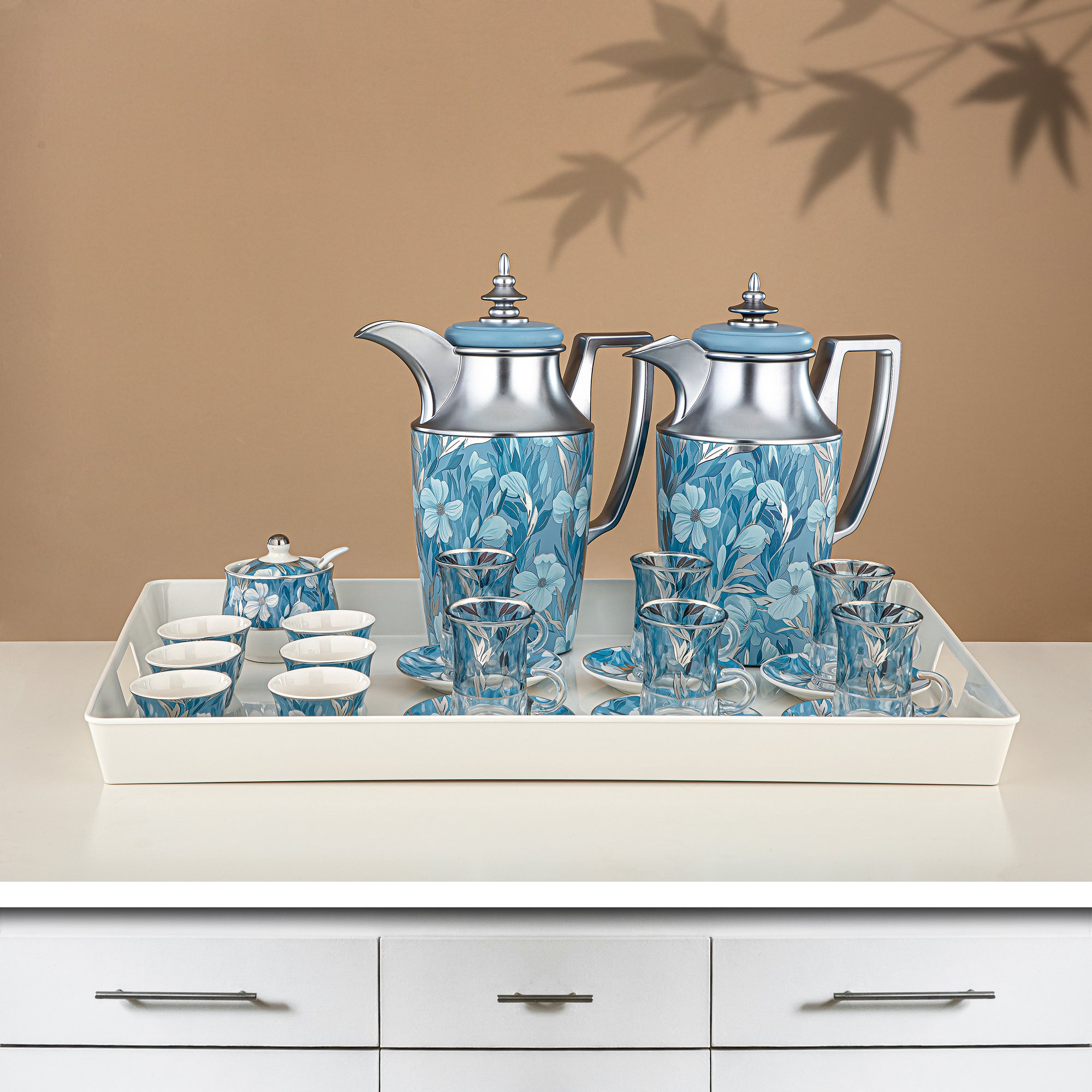 Almarjan Vacuum Flask Set 24 Pieces, 1L + 1L, Floral & Matt Silver (24-JBH-TR-AZ01S) - Tea & Coffee Complete Set