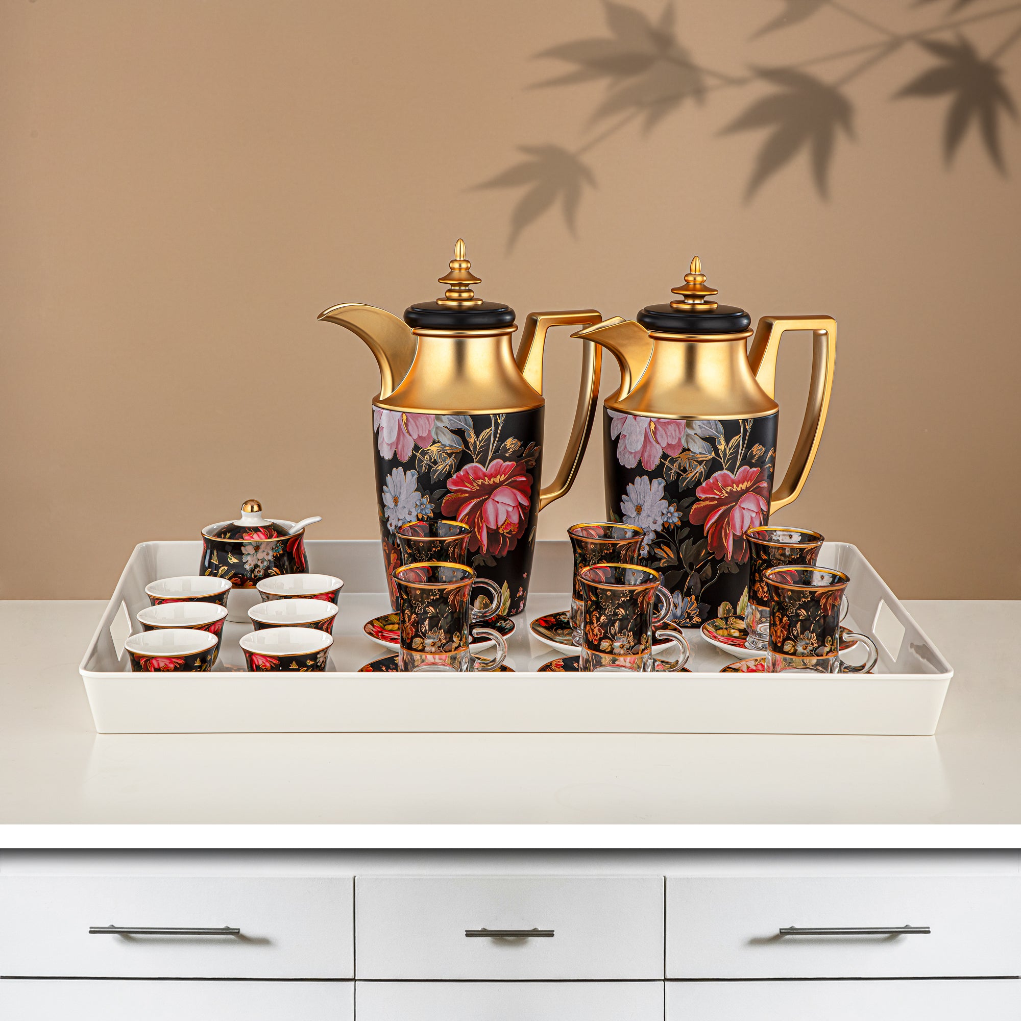 Almarjan Vacuum Flask Set 24 Pieces, 1L + 1L, Floral & Matt Gold (24-JBH-TR-AZ04G) - Tea & Coffee Complete Set