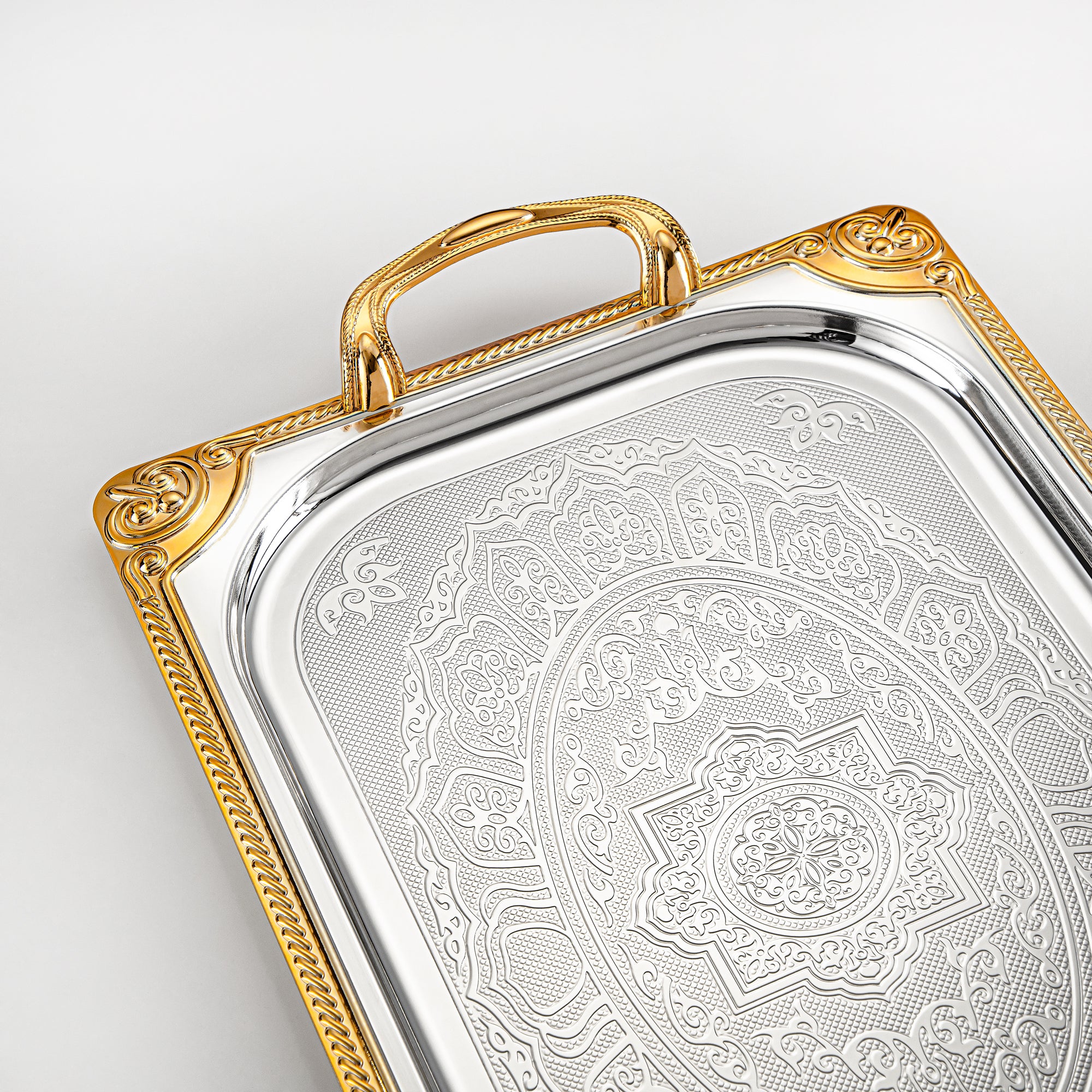 Almarjan Serving Tray Set - 3 Pieces, Silver & Golden (307XLLM-SG) | Ramadan & Special Occasions