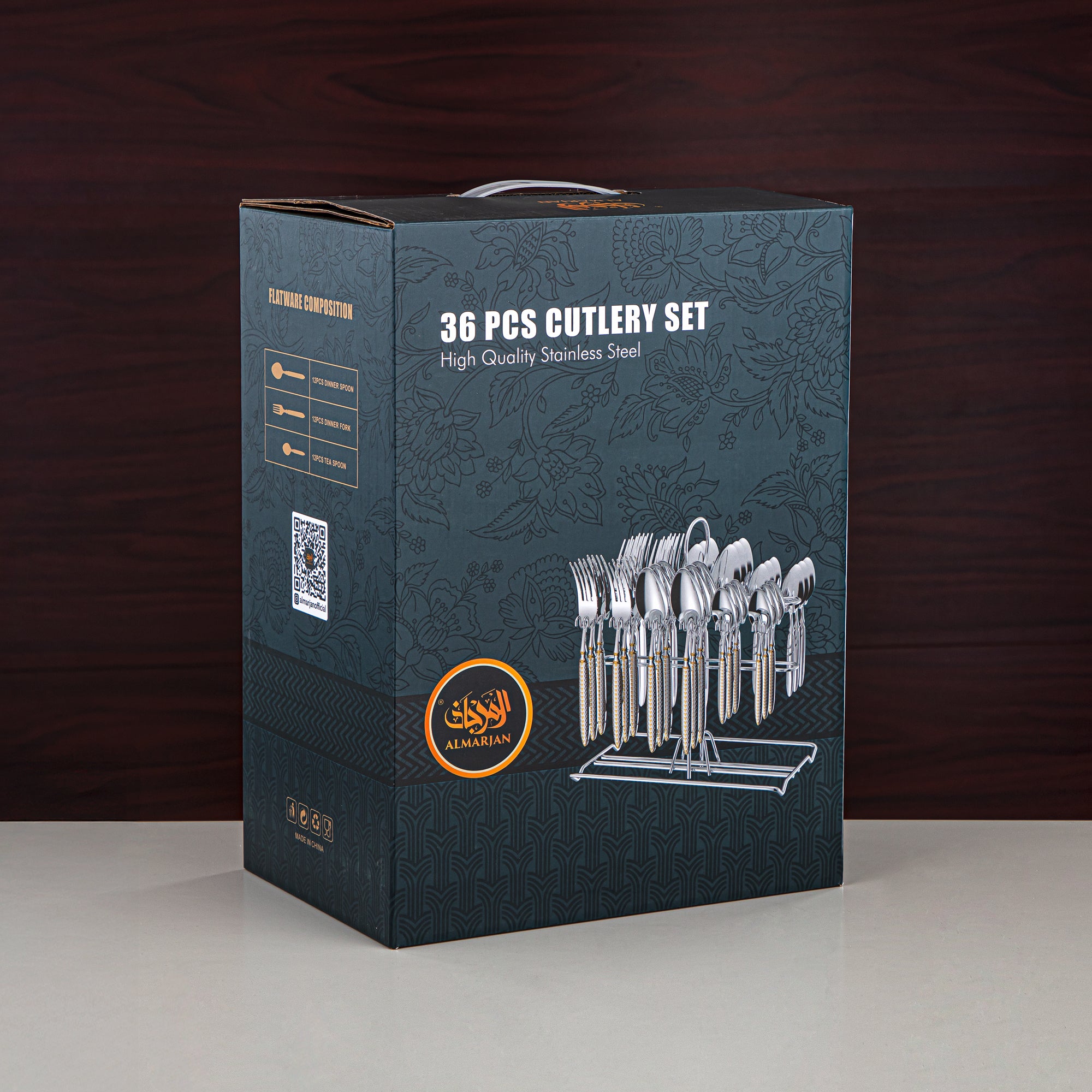 Almarjan Cutlery Set 36 Pieces, Stainless Steel, With Stand, Silver & Gold (CUT0010443) Elegant Cutlery Set