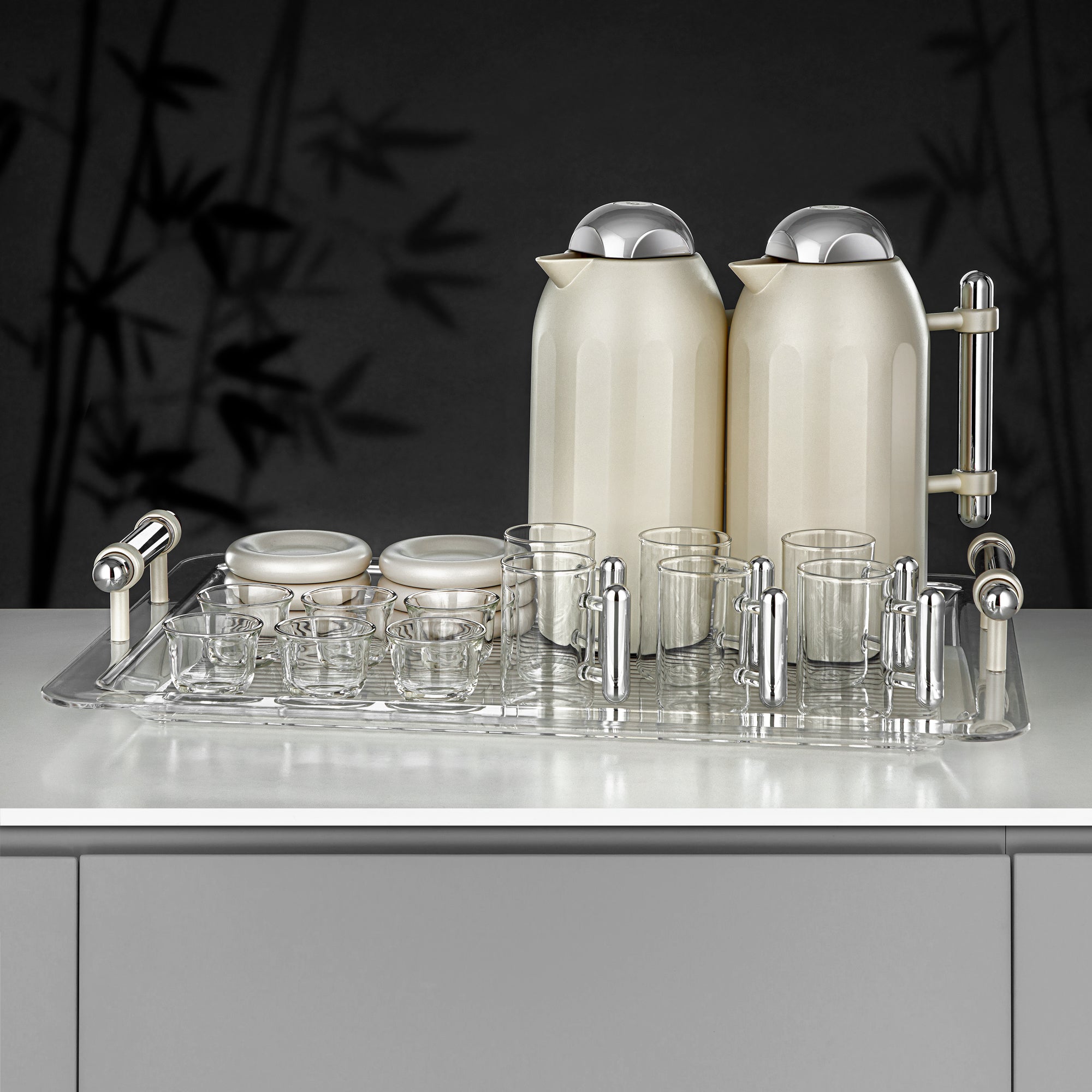 Almarjan Vacuum Flask Set 21-Piece Matt Pearl White with Silver Handle & Cover 1L + 1L (FG211-21 MPW/C) – Complete Serving | Ramadan & Gatherings