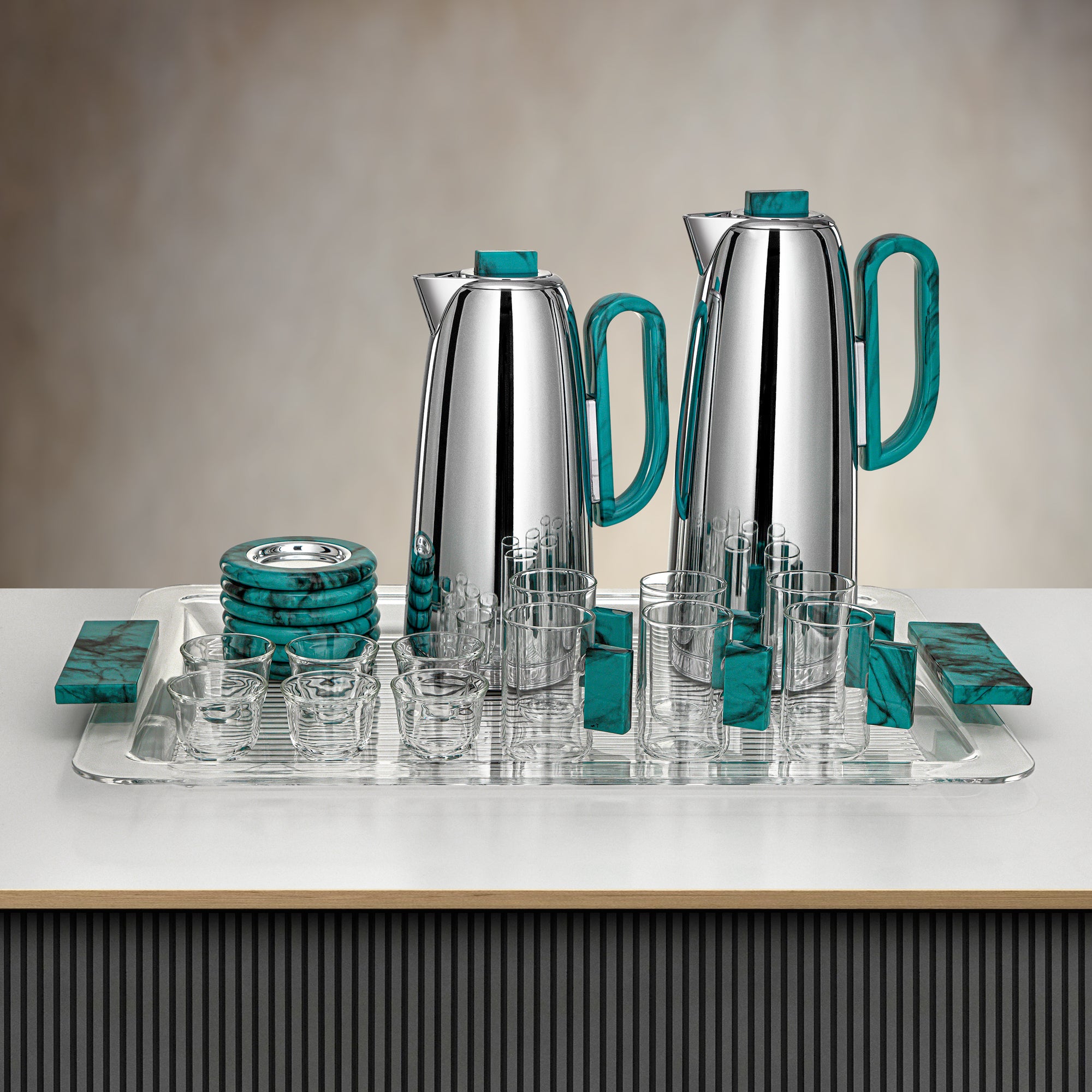 Almarjan Tea & Coffee Set 21 Pieces Silver & Green Marble