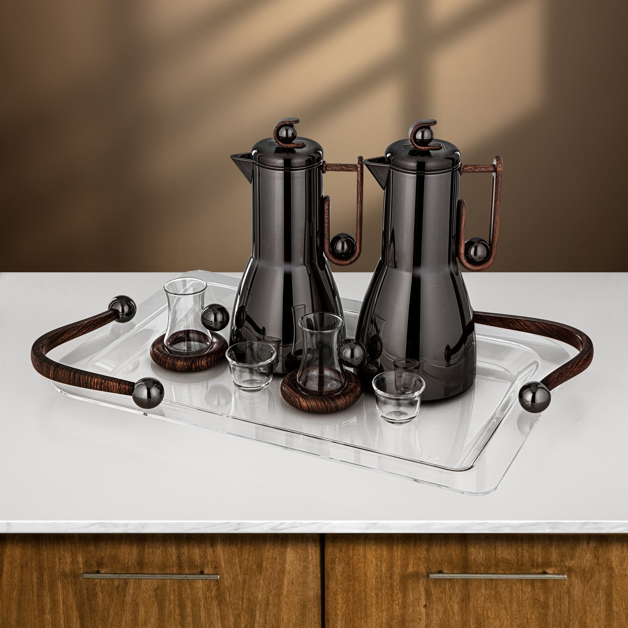 Almarjan Tea & Coffee Set 21 Pieces Gun Black & Dark Wood