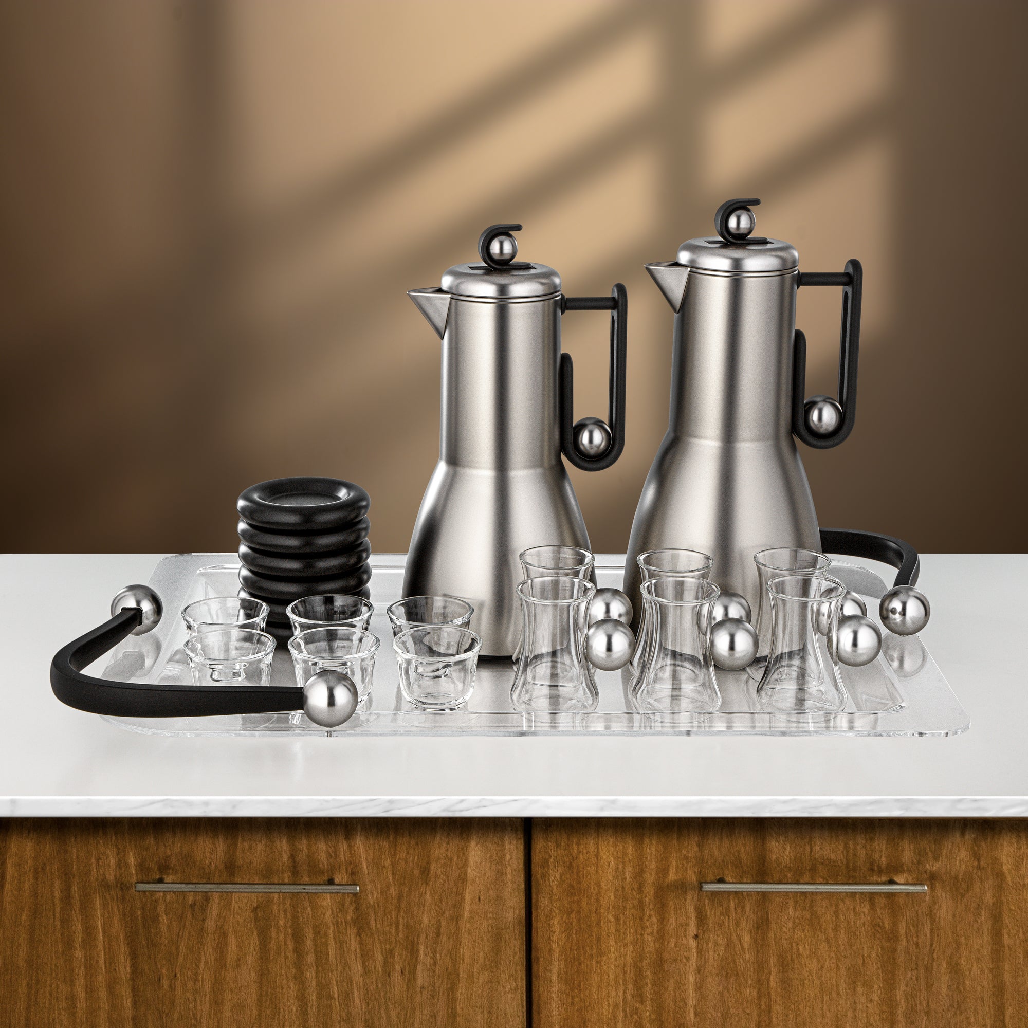 Almarjan Tea & Coffee Set 21 Pieces Matt Nickel & Matt Black