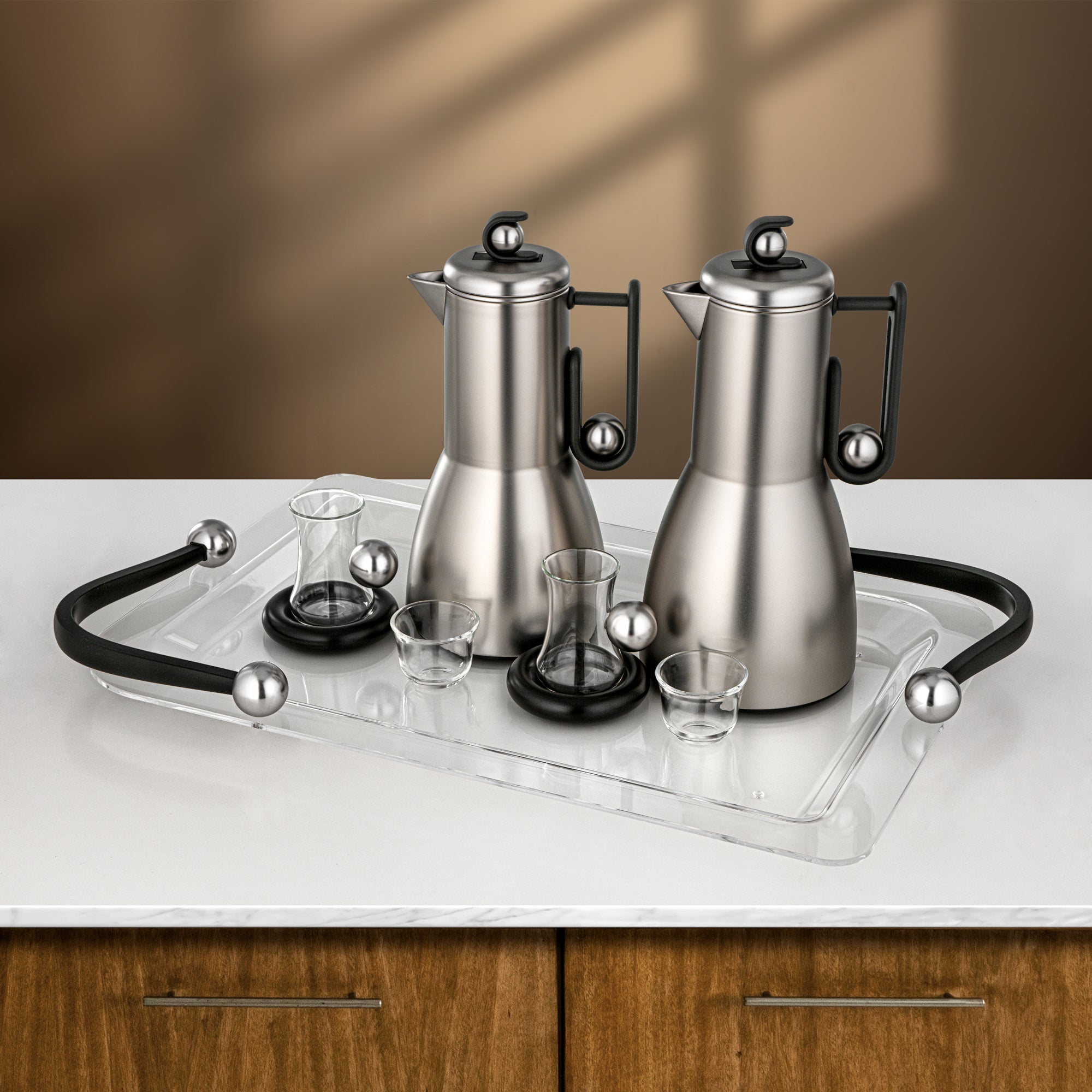 Almarjan Tea & Coffee Set 21 Pieces Matt Nickel & Matt Black