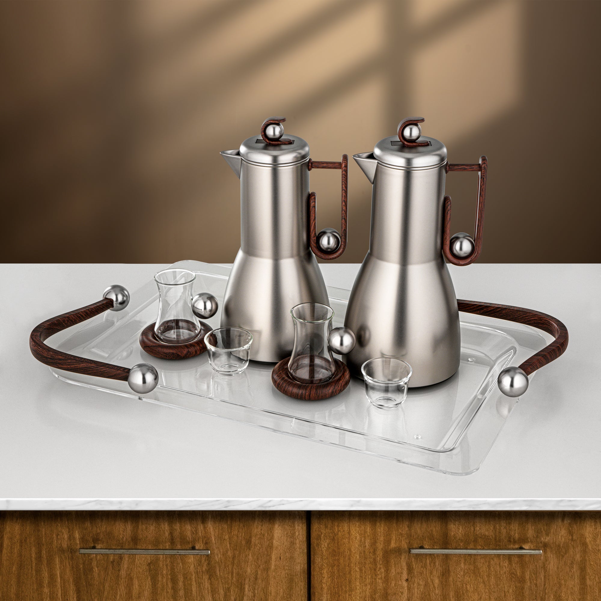طقم شاي وقهوة المرجان 21 قطعة، نيكل مطفي وخشب داكن