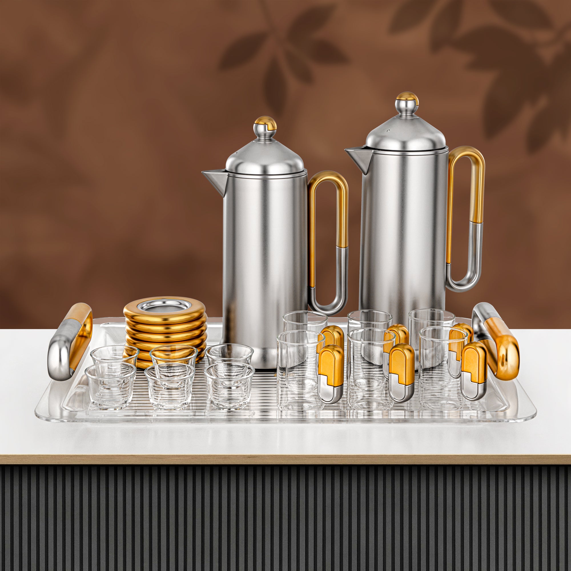 Almarjan 21 Pieces Tea & Coffee Serving Set, Matt Nickel & Matt Gold