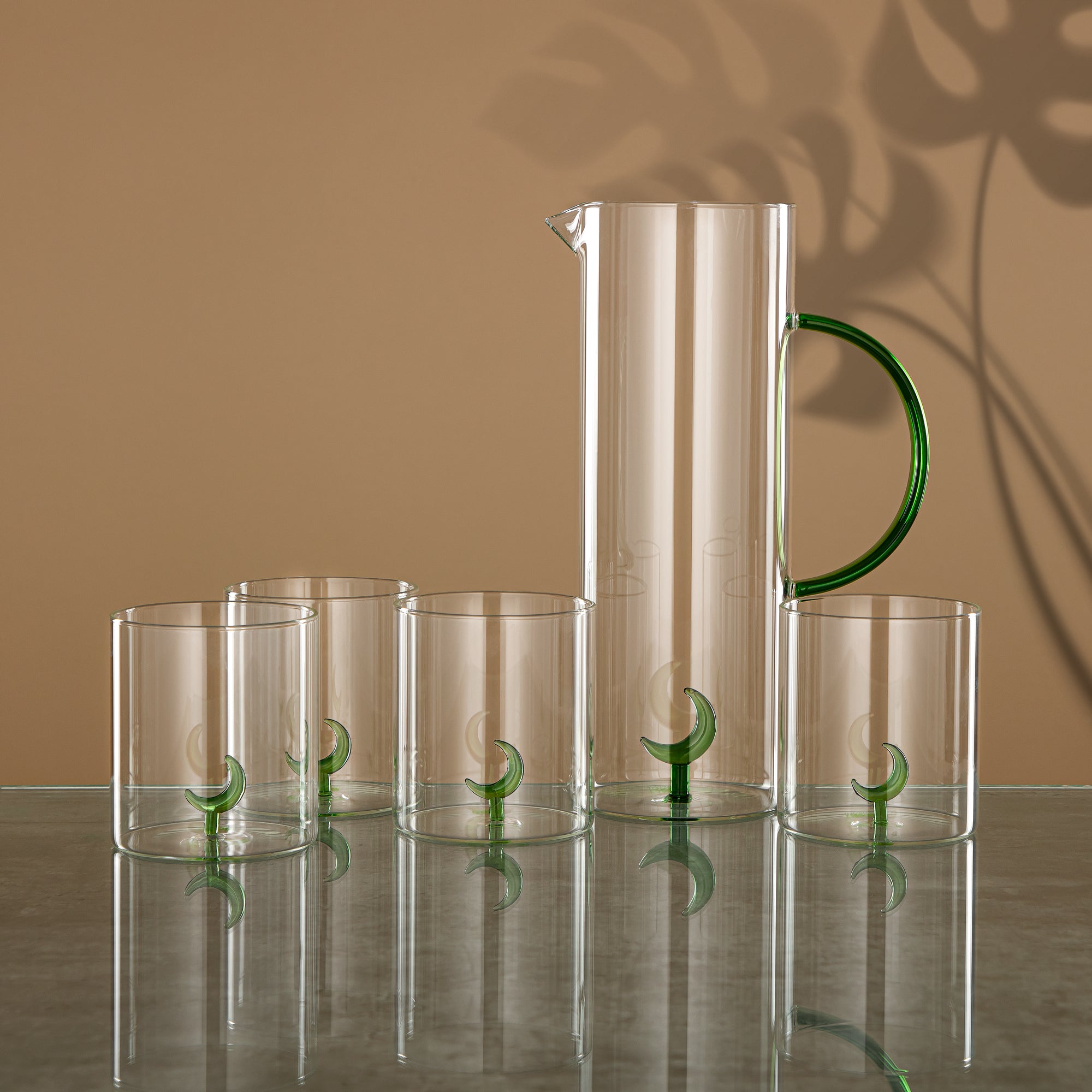Almarjan Water Set 5 Pieces, Borosilicate Glass, Clear & Green (GLS0010178) - Moonrise Collection