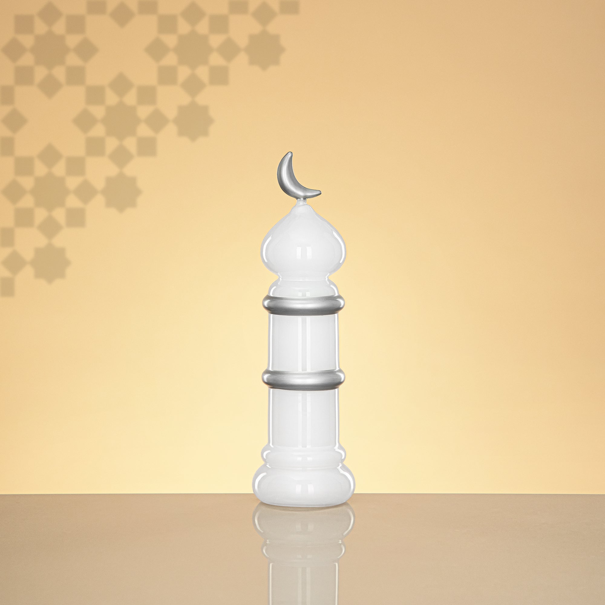 Almarjan Minaret Table Decoration 24cm x 7cm White with Clear Crescent Moon – Noor Al Layali