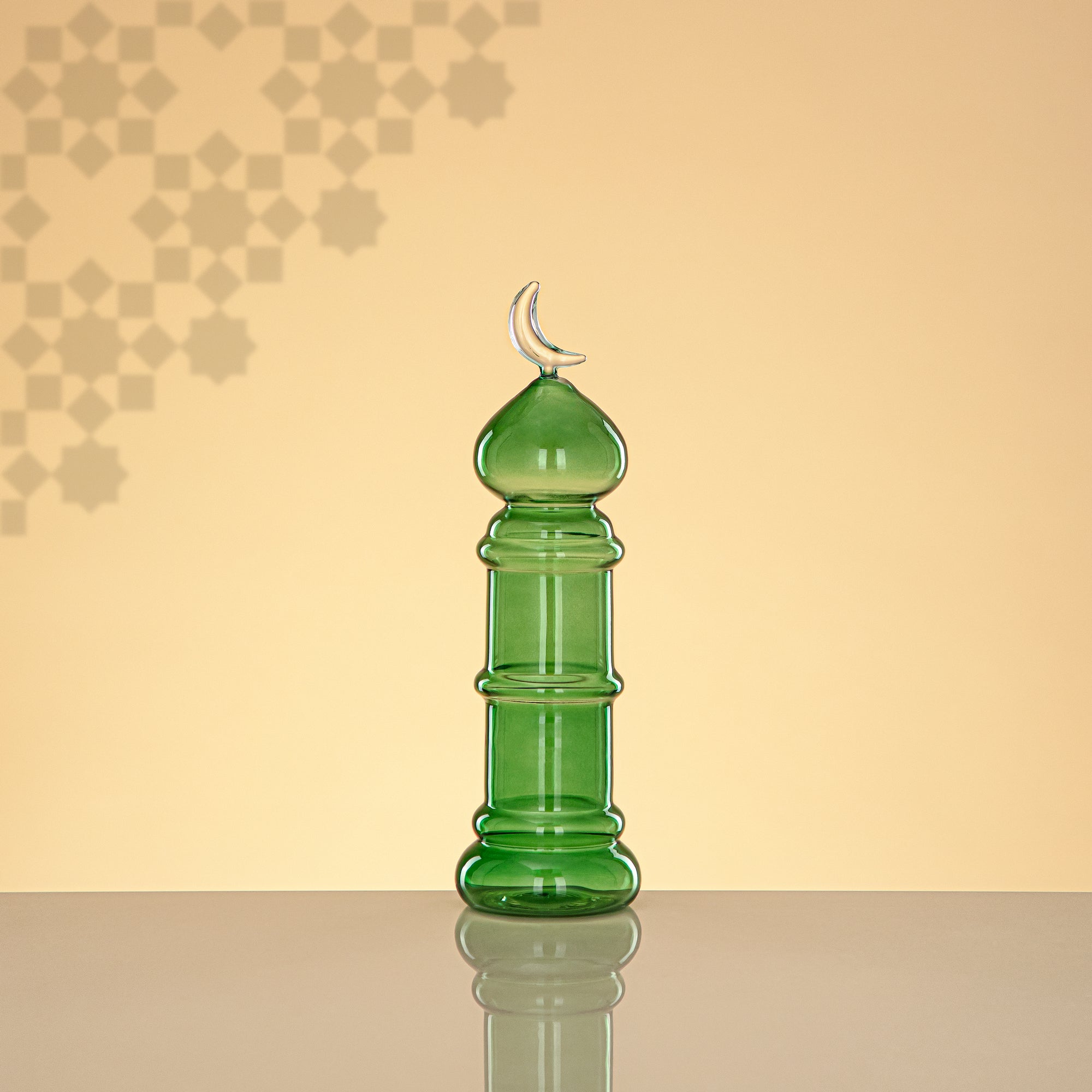 Almarjan Minaret Table Decoration 24cm x 7cm Transparent Green with Clear Crescent Moon – Noor Al Layali
