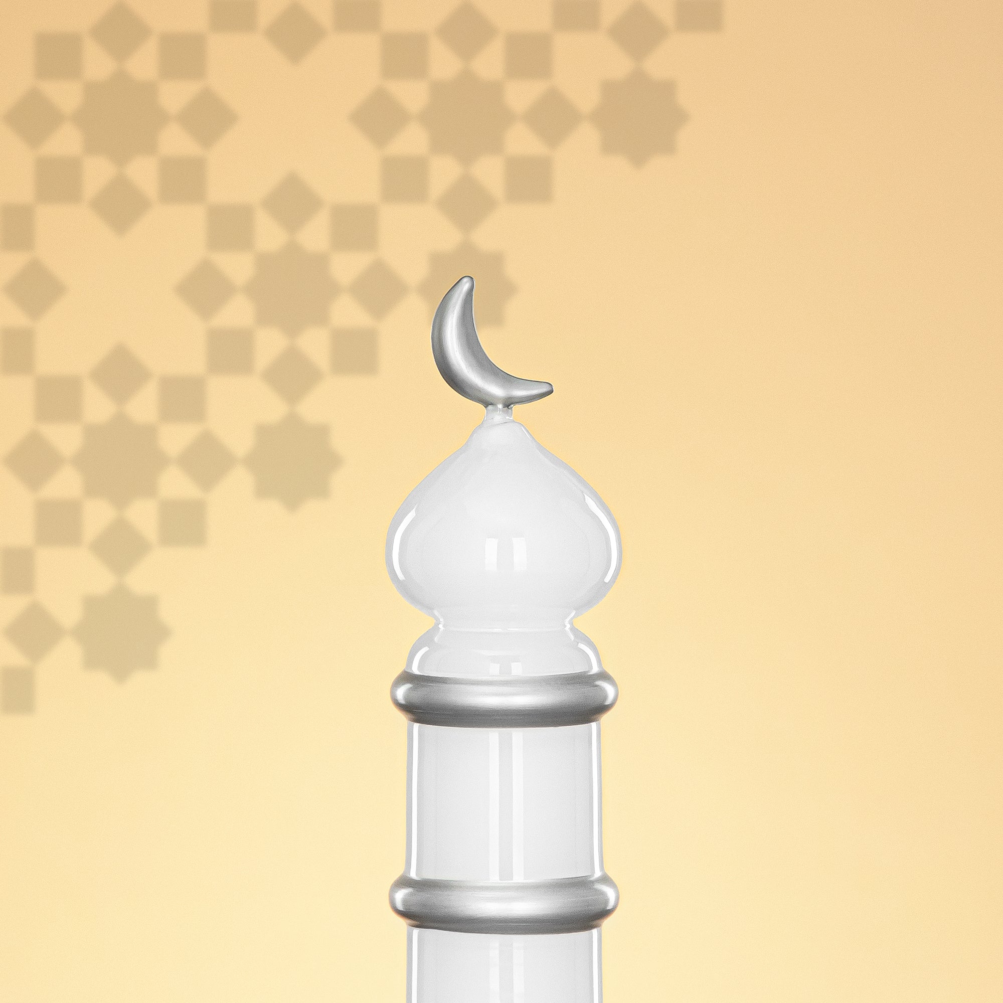 Almarjan Minaret Table Decoration 24cm x 7cm White with Silver Lines & Crescent Moon – Noor Al Layali