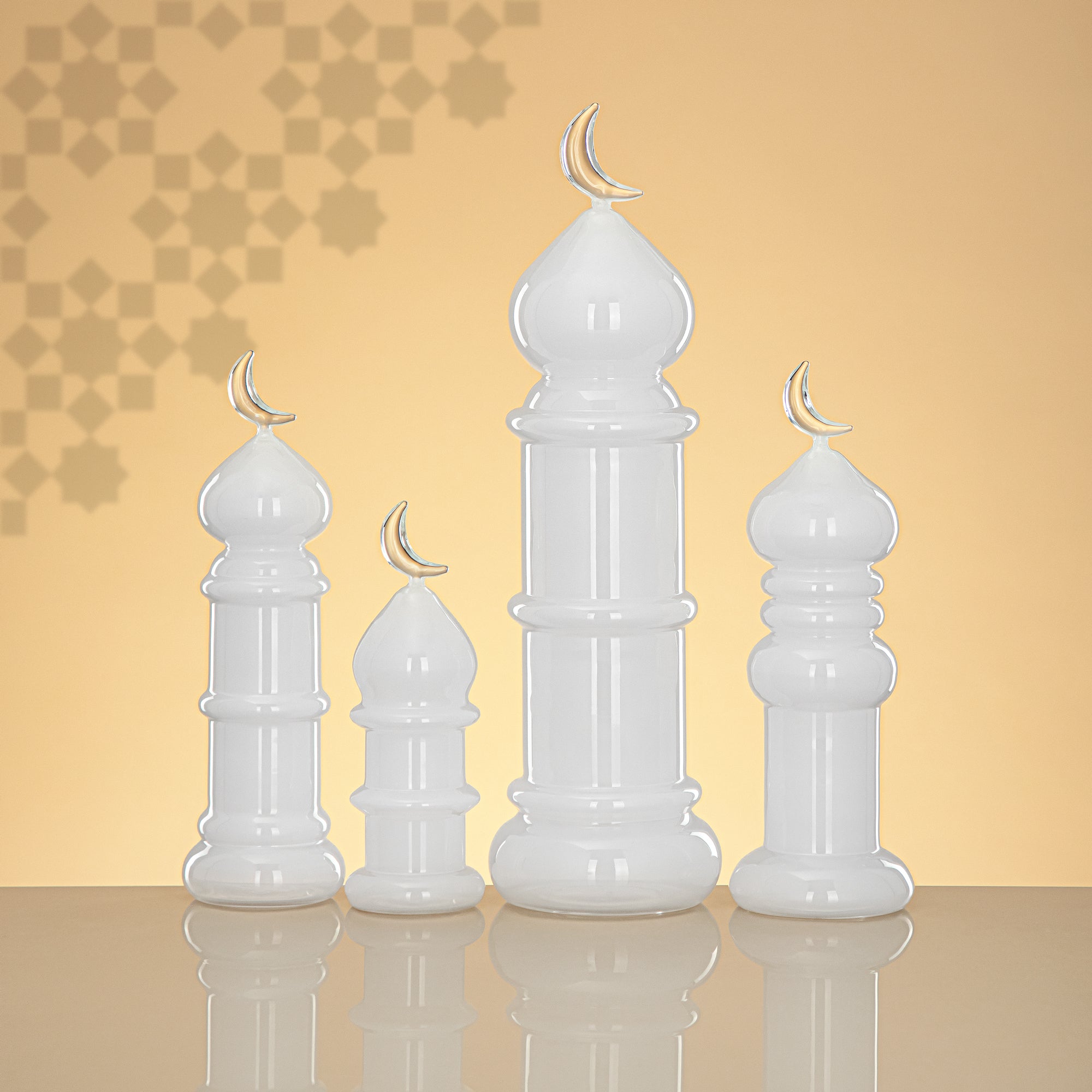 Almarjan Minaret Table Decoration 34cm x 10cm White with Clear Crescent Moon – Noor Al Layali
