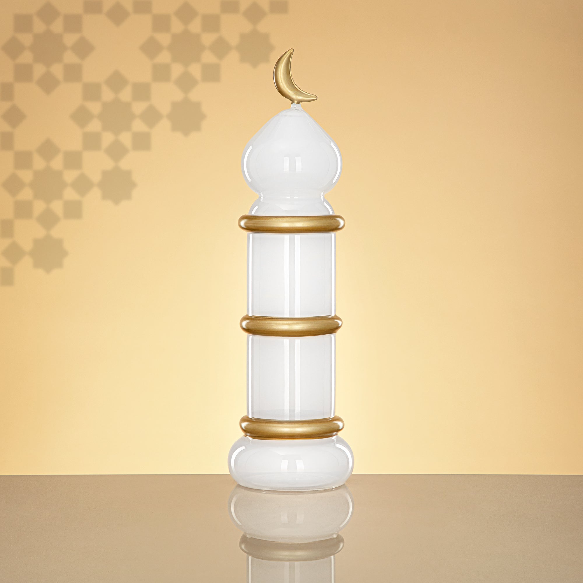 Almarjan Minaret Table Decoration 34cm x 10cm White with Golden Lines & Crescent Moon – Noor Al Layali