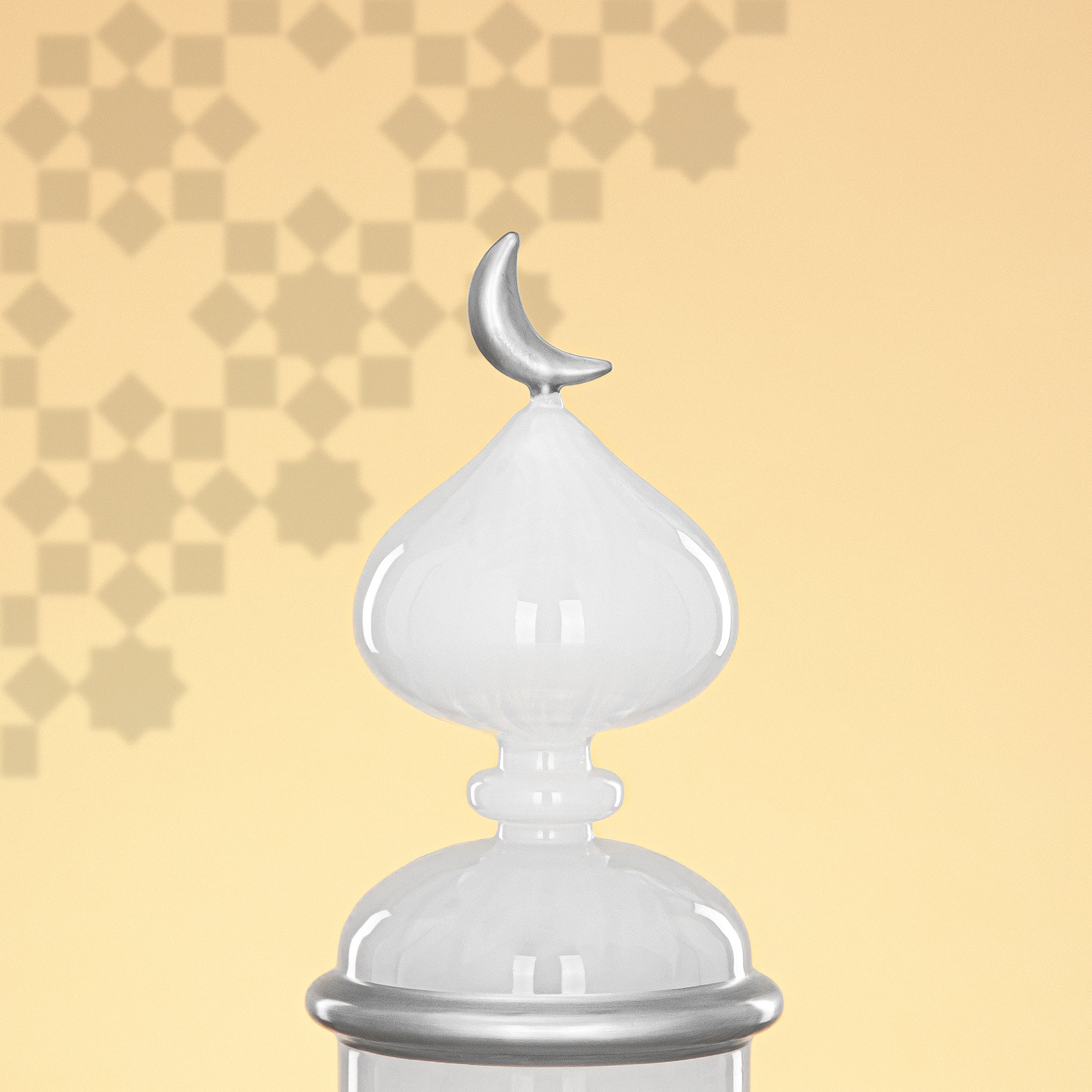 Almarjan Minaret Table Decoration 22cm x 10cm White with Silver Lines & Crescent Moon – Noor Al Layali