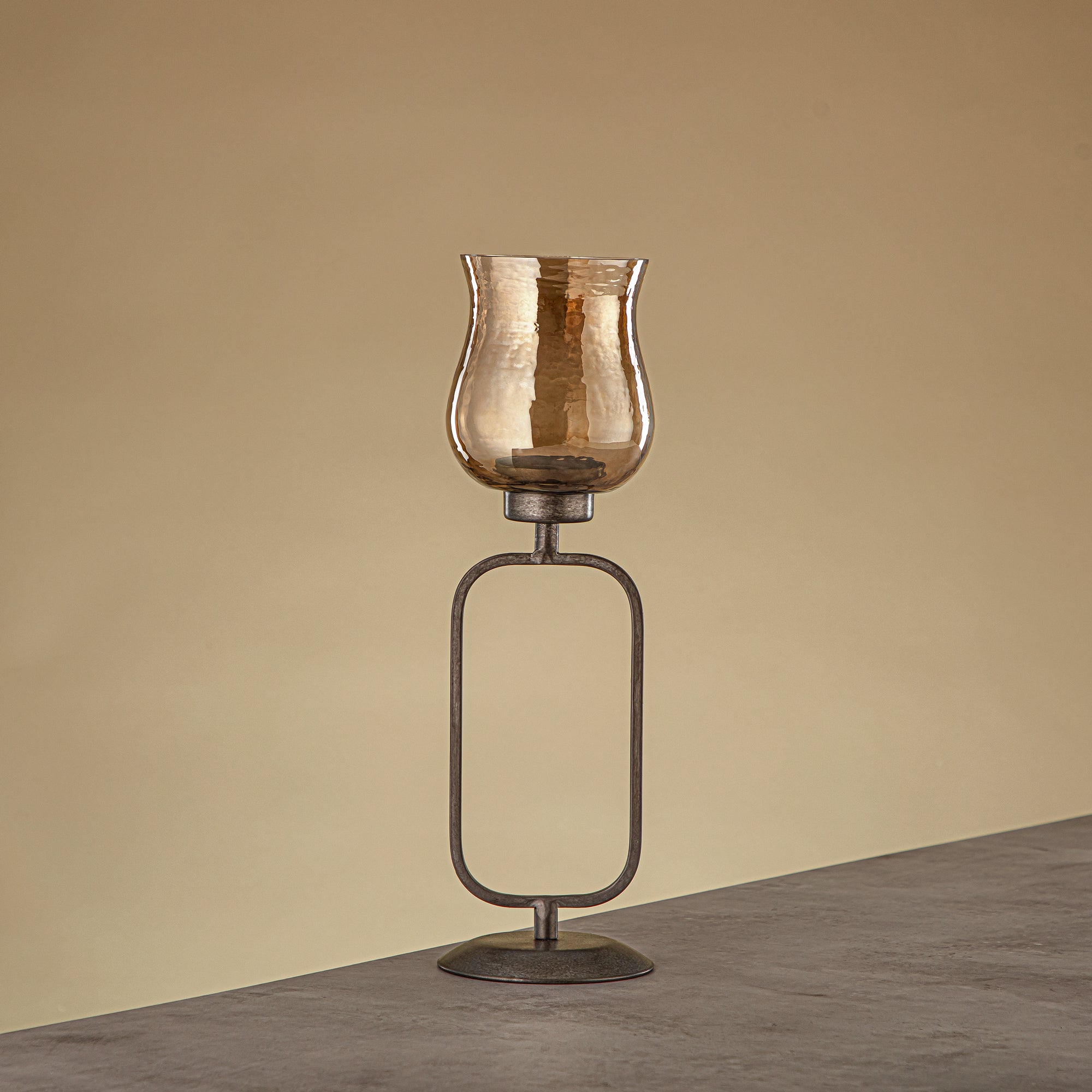 Almarjan Elemental Votive Holder Hammered Copper Brown Glass 11x11x36 CM Vintage Silver Stand (GMT2960010)