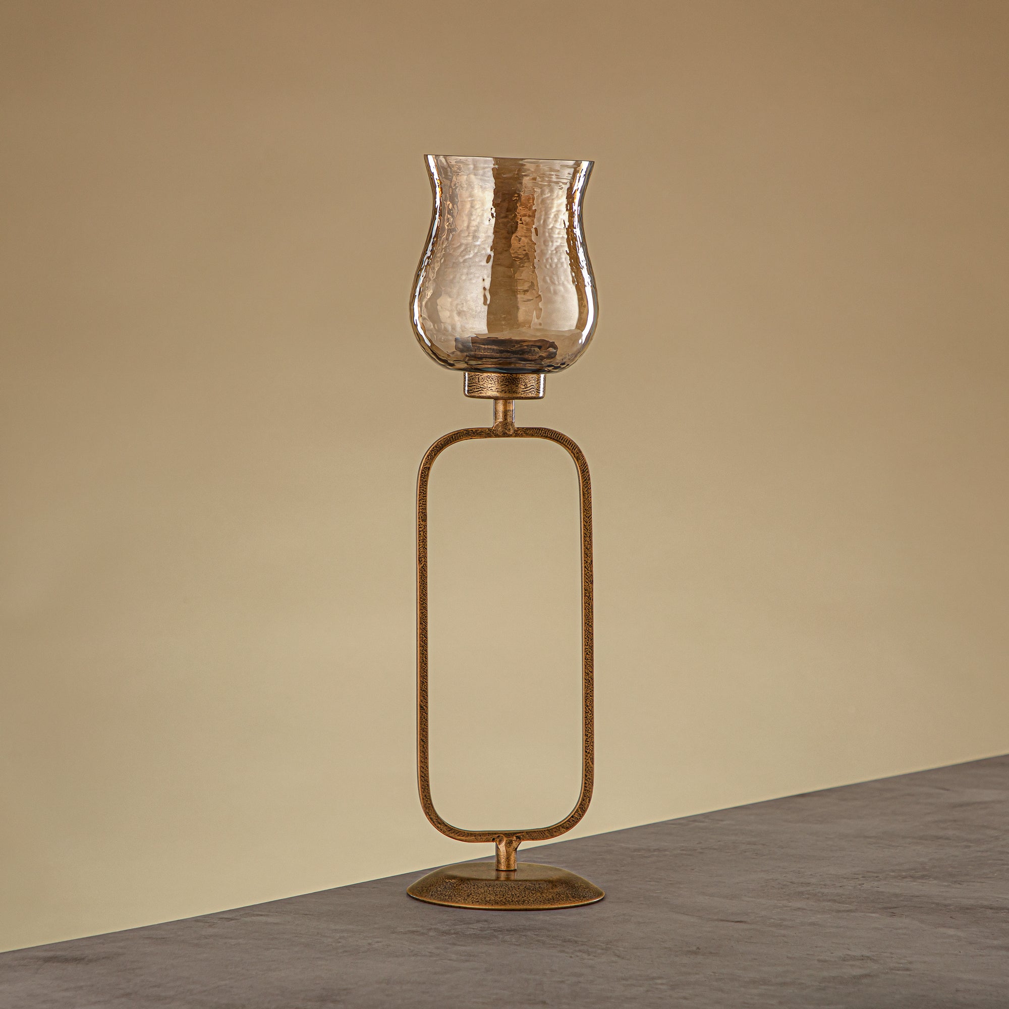Almarjan Elemental Votive Holder Hammered Copper Brown Glass 11x11x41 CM Antique Gold Stand (GMT2960013)
