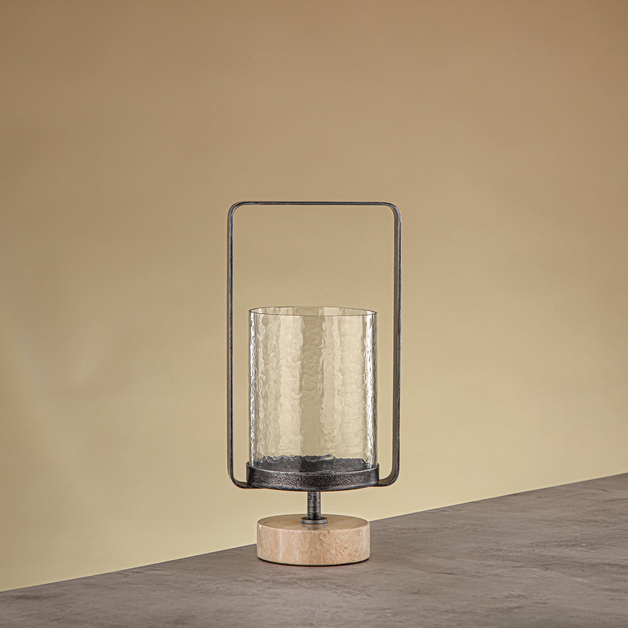 Almarjan Kalon Hurricane Lantern Hammered Clear Glass 15.5x12.5x32.5 CM Brushed Grey & Travertine Base (GMT2960026)