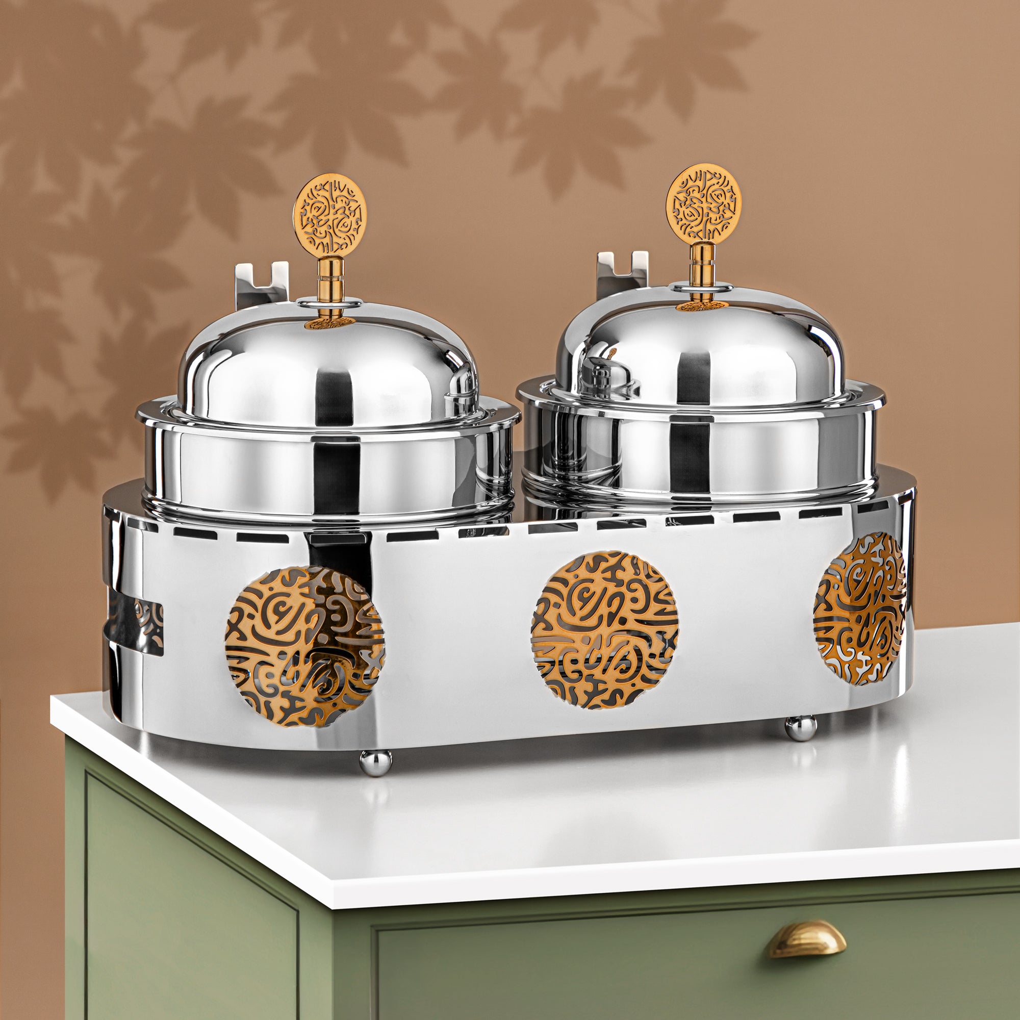 Almarjan Chafing Dish Double Stainless Steel 1.25L + 1.25L Silver & Gold (MD-3019) - Stylish Serveware