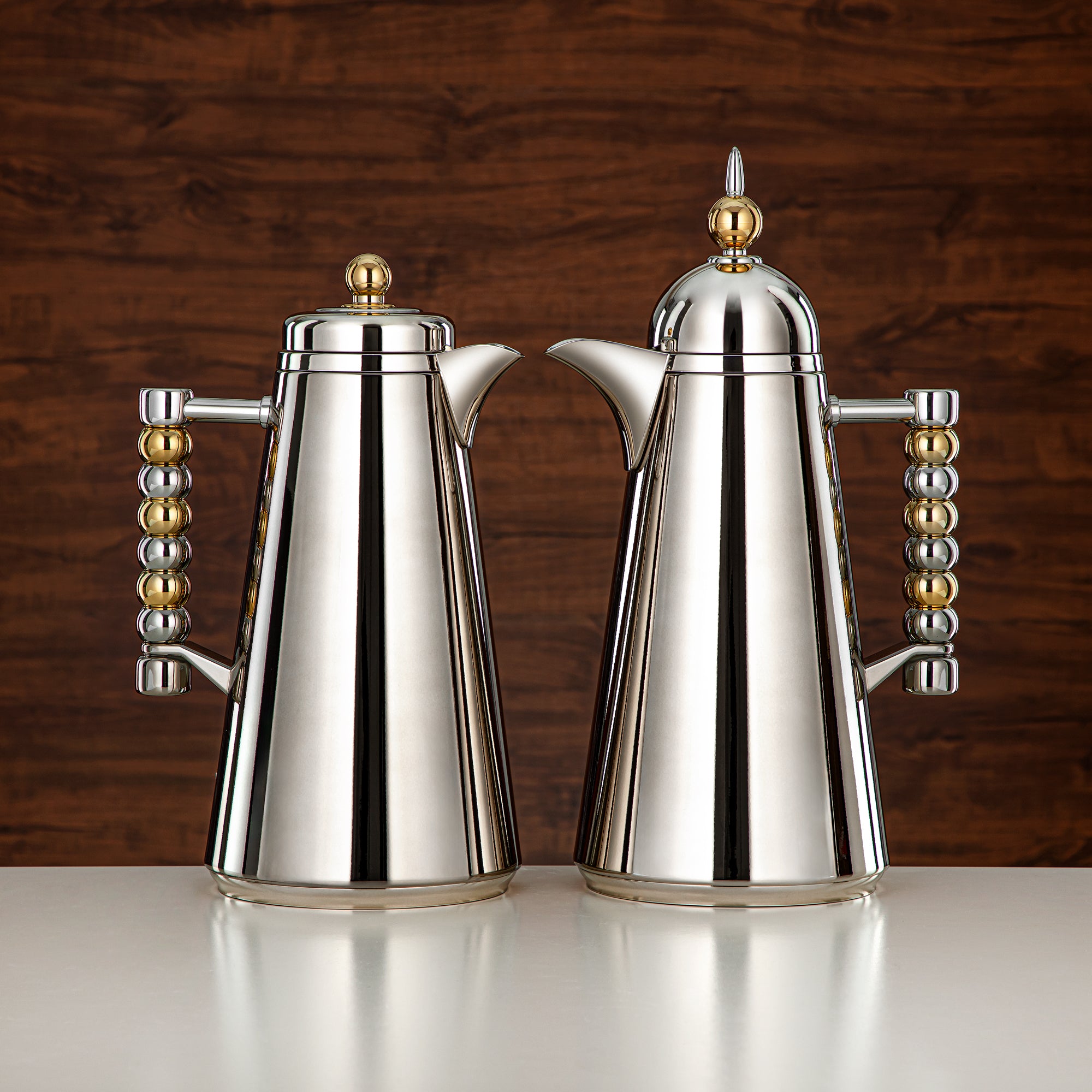 Almarjan Vacuum Flask Set Push Button 1L + 1L Silver & Gold (SJ42-SCG) - Tea & Coffee Flask