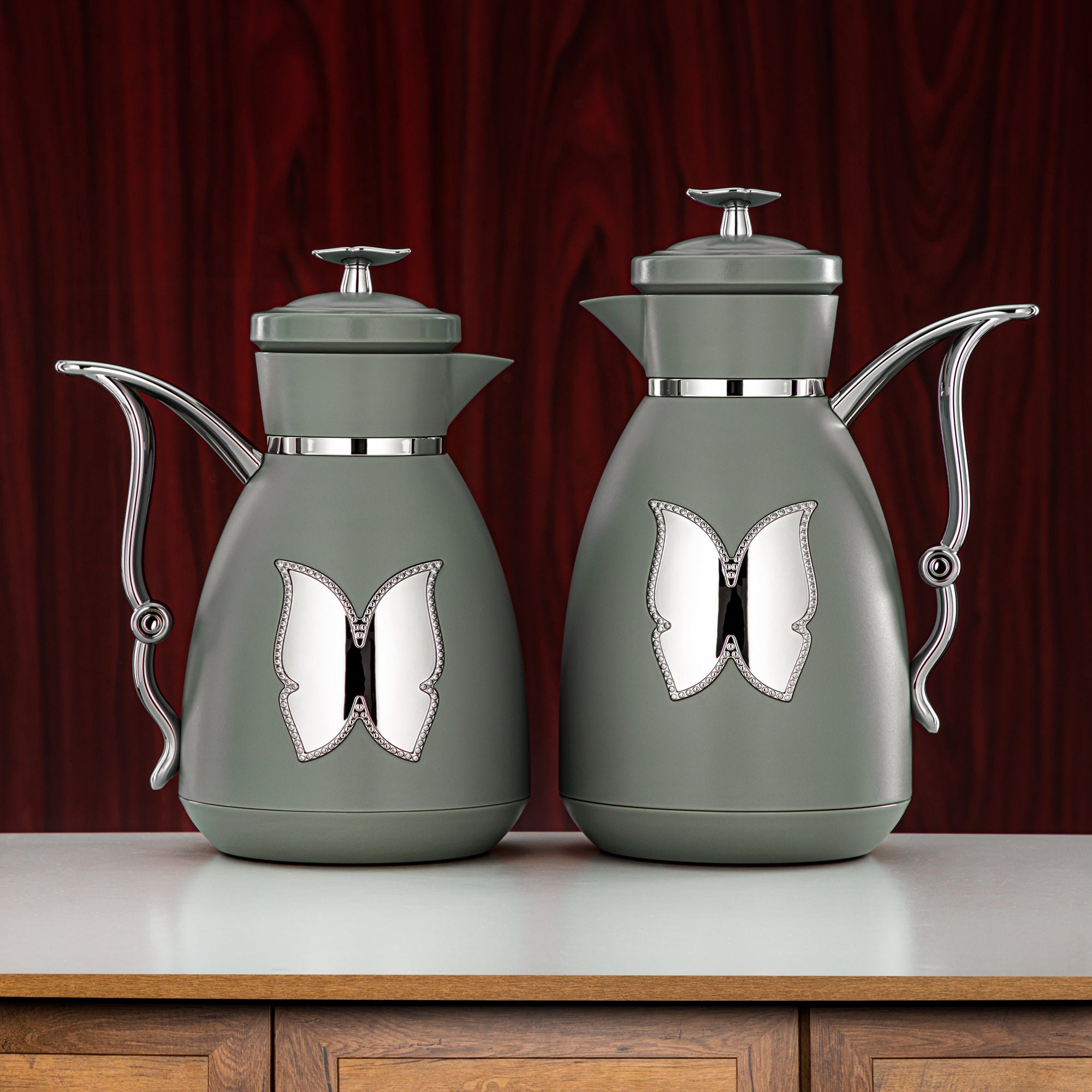 Almarjan Vacuum Flask Set Plastic Push Button 0.7L + 1L Green & Silver (SM-2C142-070/100 GG/C) - Tea & Coffee Flask