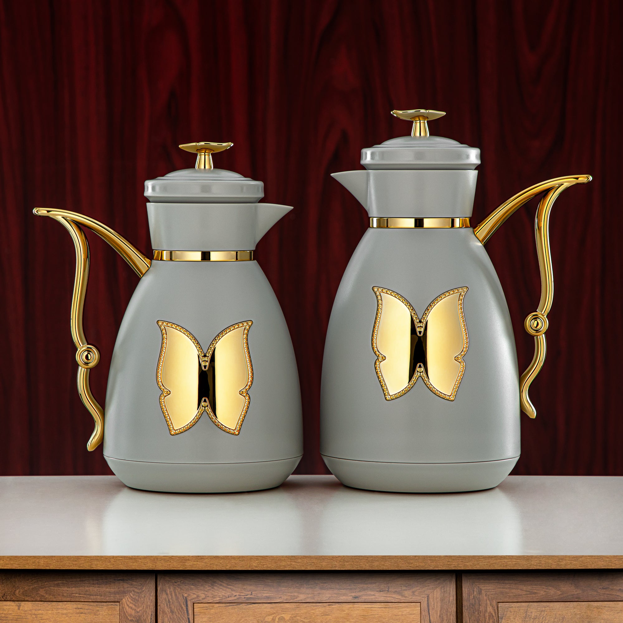 Almarjan Vacuum Flask Set Plastic Push Button 0.7L + 1L Light Grey & Gold (SM-2C142-070/100 LG/G) - Tea & Coffee Flask