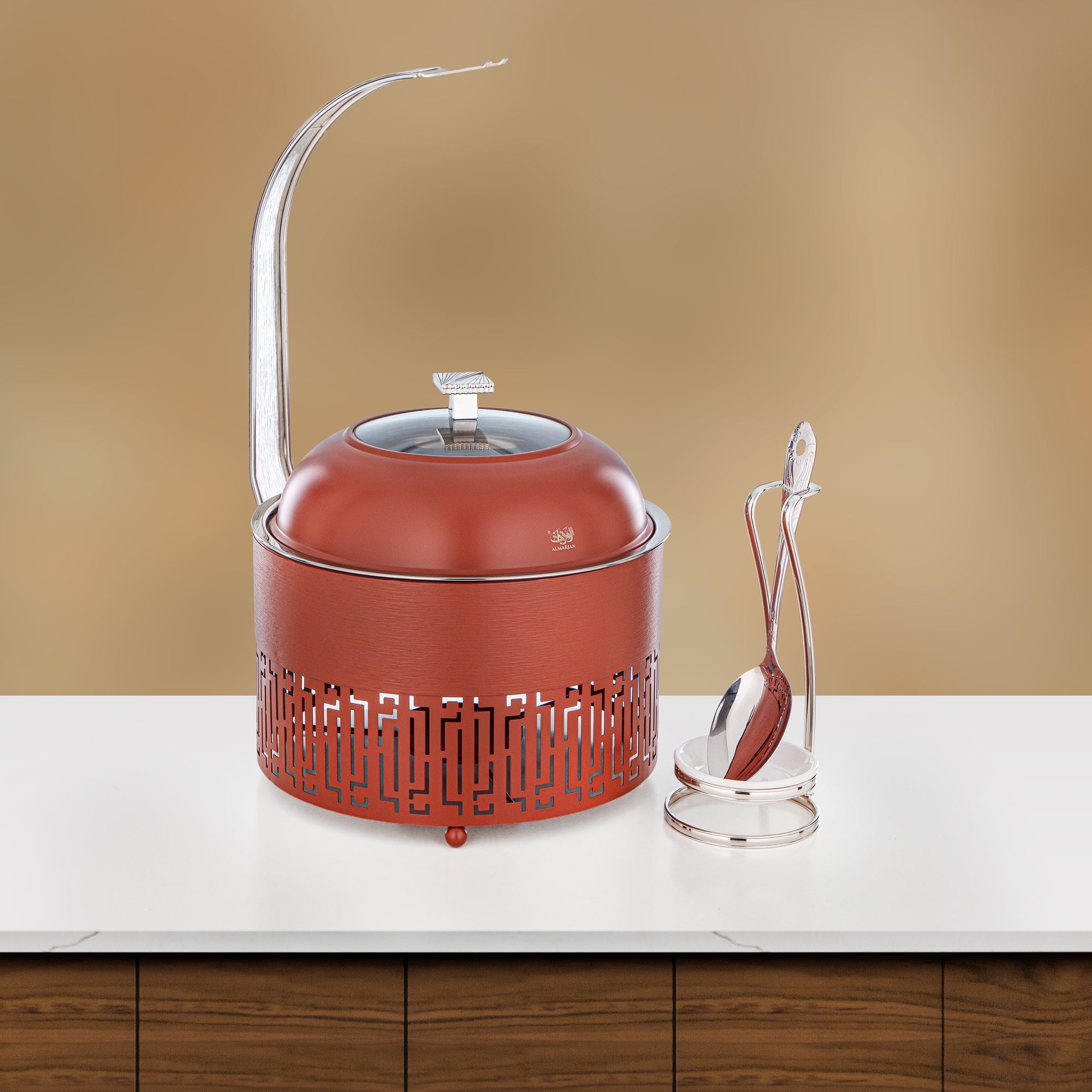 Almarjan 3 Lit Chafing Dish, Brushed Brick Clay & Silver