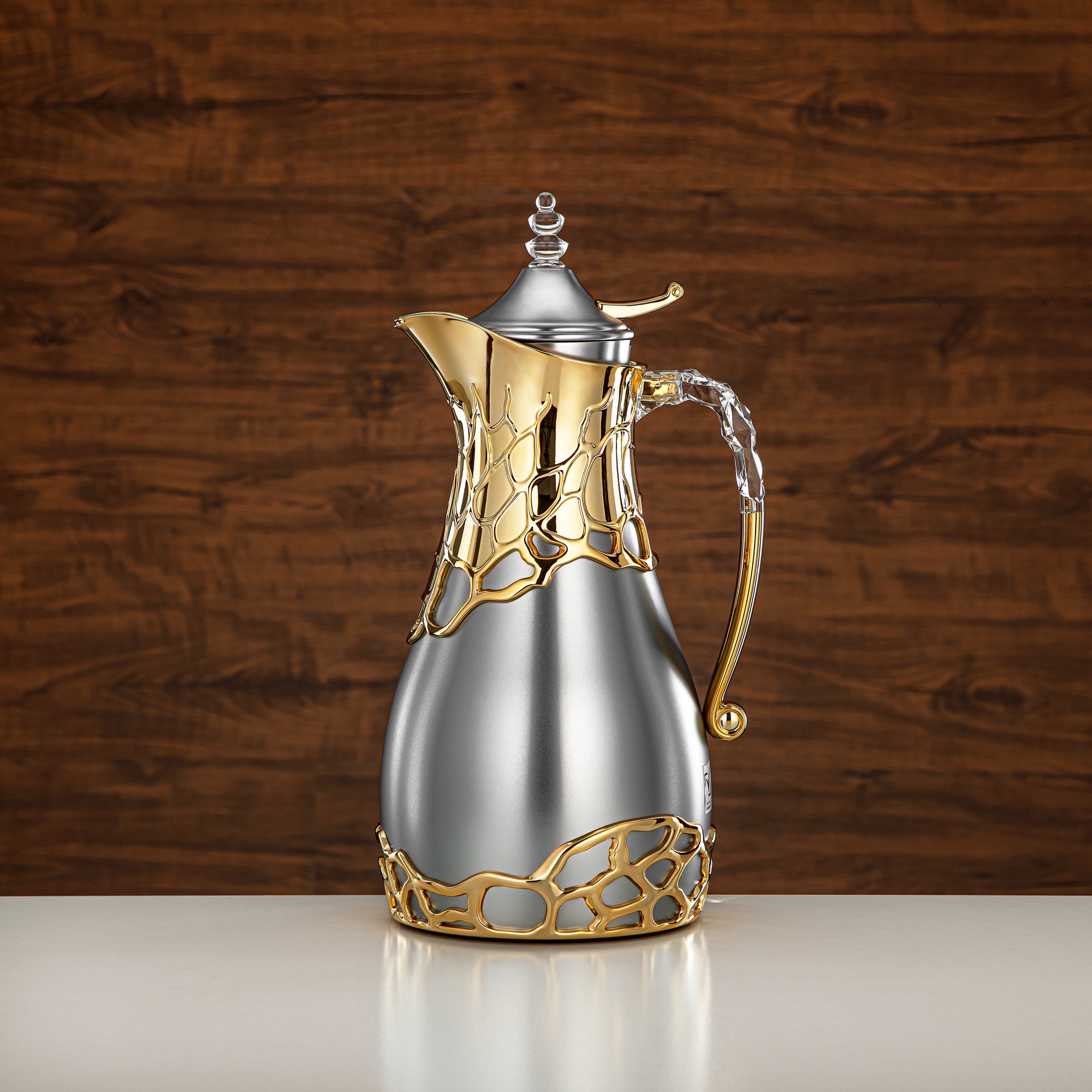 Almarjan Vacuum Flask Set Metal Body 0.7L & 1L ABS & Acrylic Handle (VBC-0700/1000 E23C95) – Matte Silver & Gold Tea & Coffee Serving