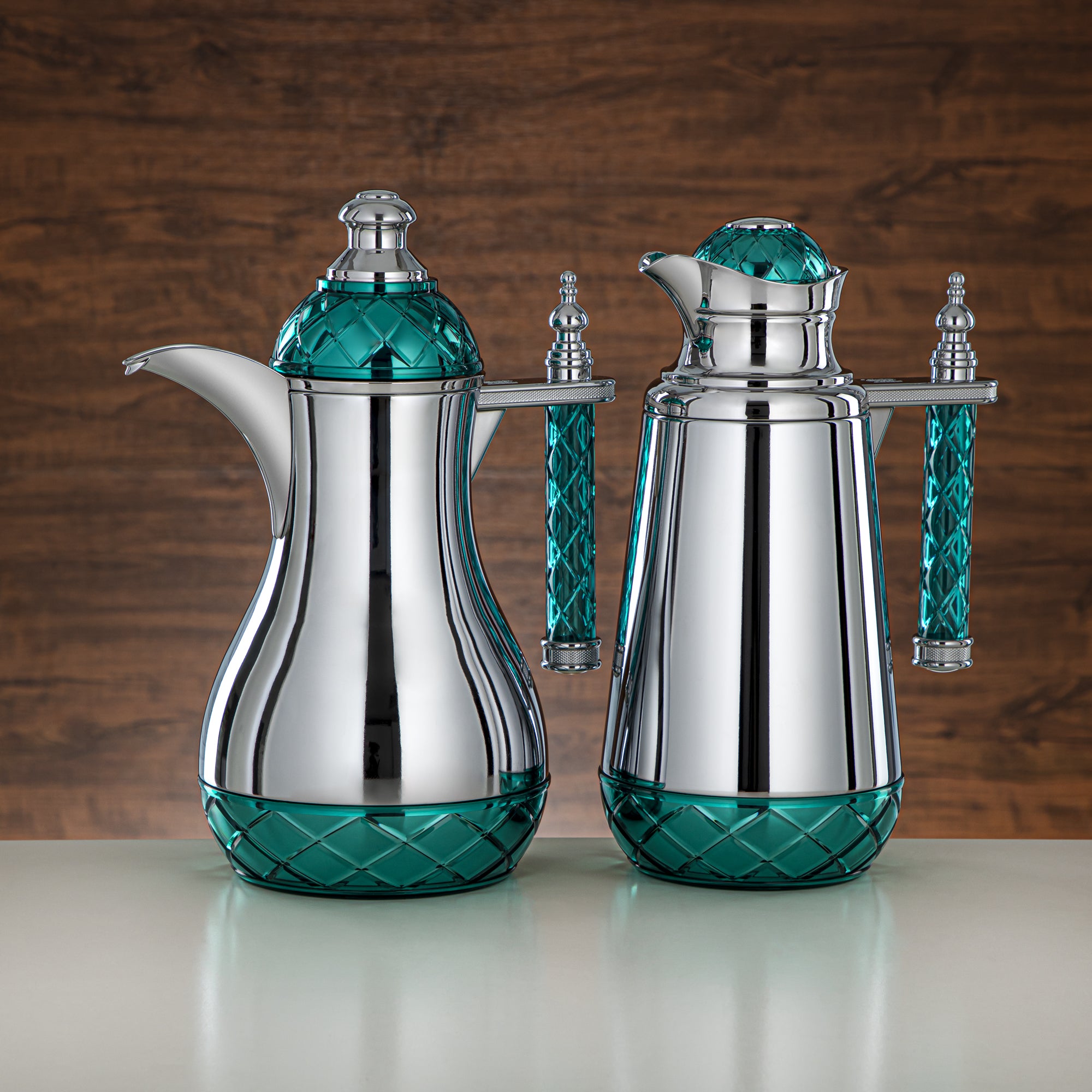 Almarjan Vacuum Flask Set, Push Button, Acrylic Handle - 0.7L + 1L, Silver & Green (CBY+CBZ-SCG) - Classic Vacuum Flasks