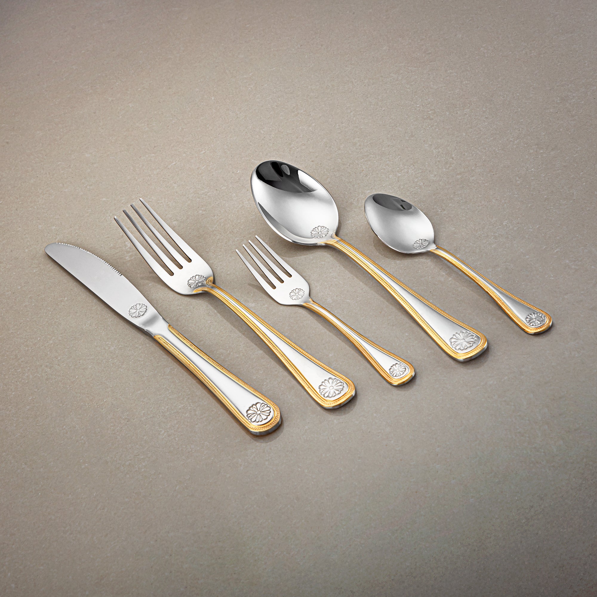 Almarjan Cutlery Set 32 Pieces, Stainless Steel, With Stand, Silver & Gold (CUT0010359) Elegant Cutlery Set