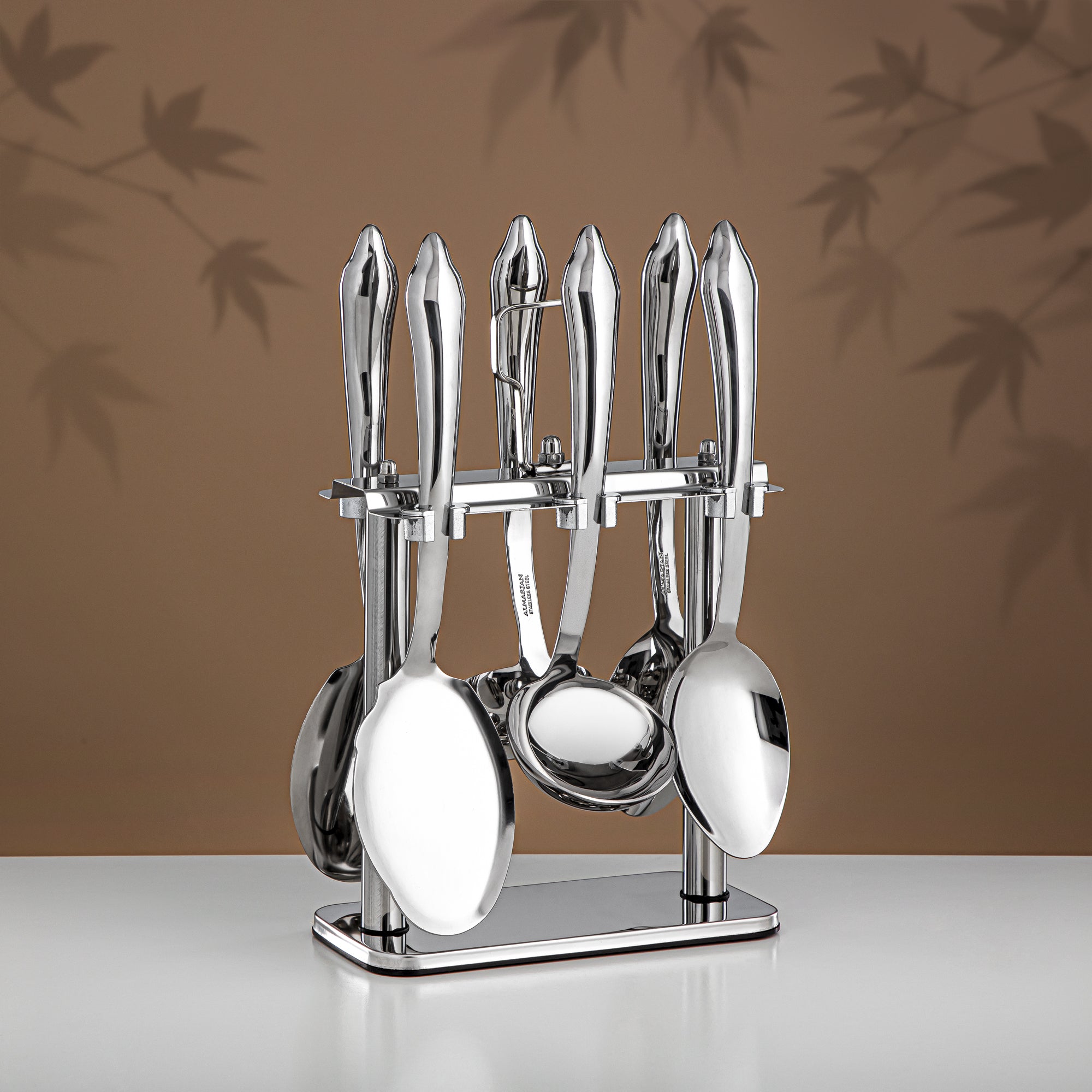 Almarjan Kitchen Tools Set 7 Pieces, Stainless Steel, with Stand, Silver (CUT1620086) - Elegant Serveware