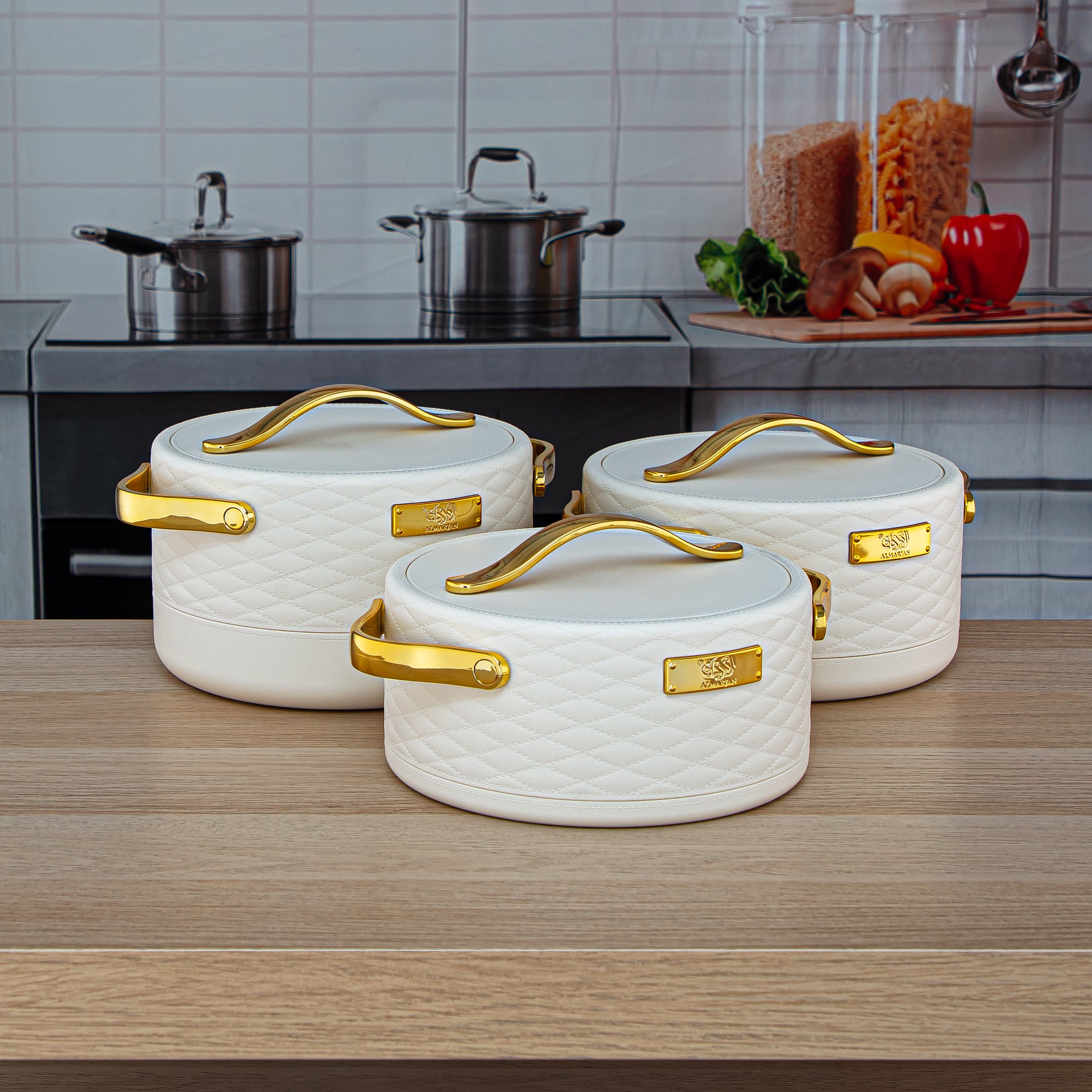 Almarjan 3 Pieces Plastic Hot Pot Set Ivory & Gold - EHP-150/200/250 IV/G