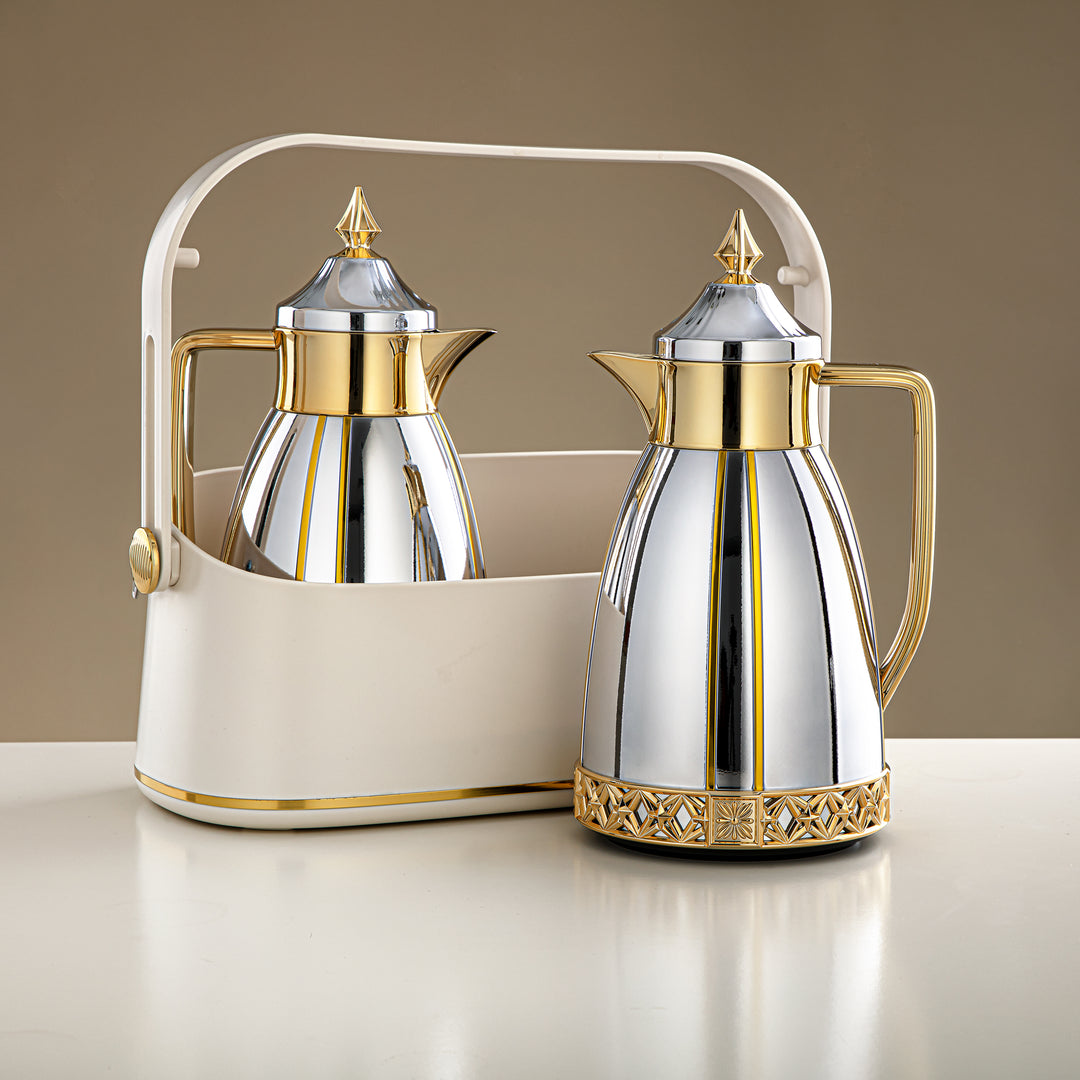 Almarjan 2 Pieces Vacuum Flask Set With Carrying Basket Silver & Gold - FB208-05 C/G