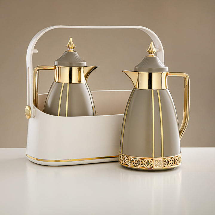 Almarjan 2 Pieces Vacuum Flask Set With Carrying Basket Khaki & Gold - FB208-05 NRM/G