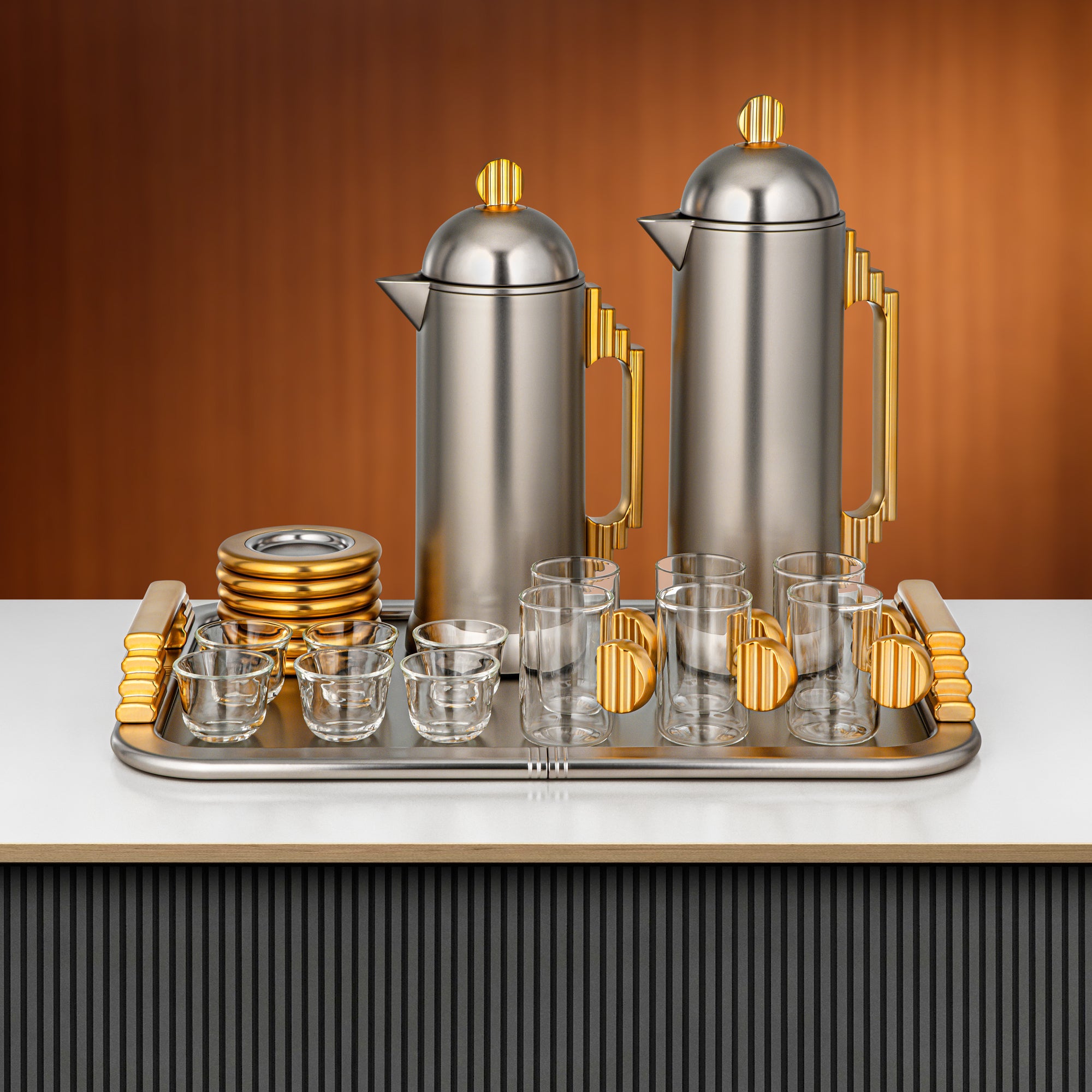 طقم شاي وقهوة المرجان 21 قطعة بلمسة نيكل غير لامع وذهبي