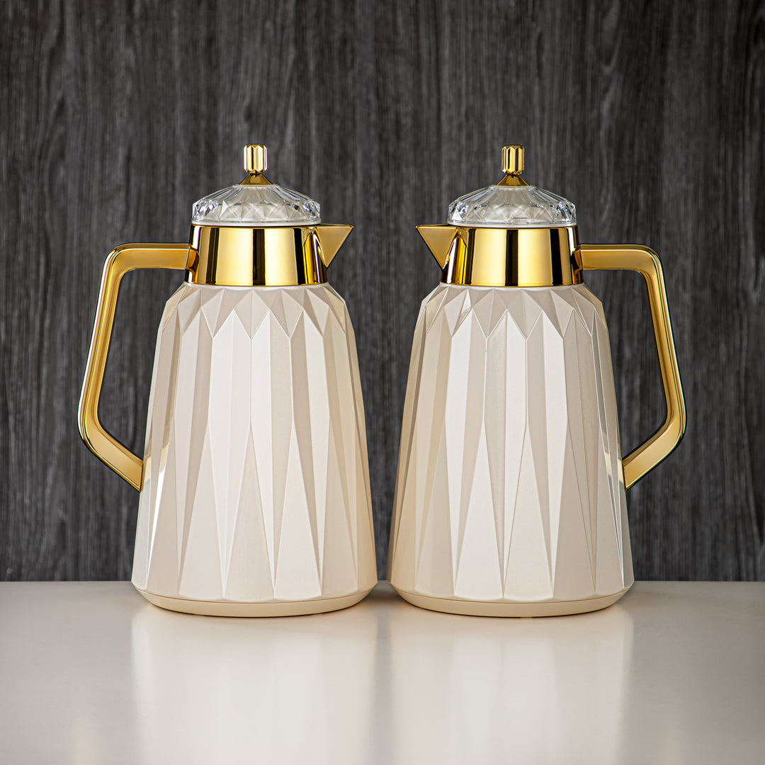 Almarjan Vacuum Flask Set - 1L + 1L, ABS, Pearl White & Gold, Mirror Finish | FG209AB-100 PW/G