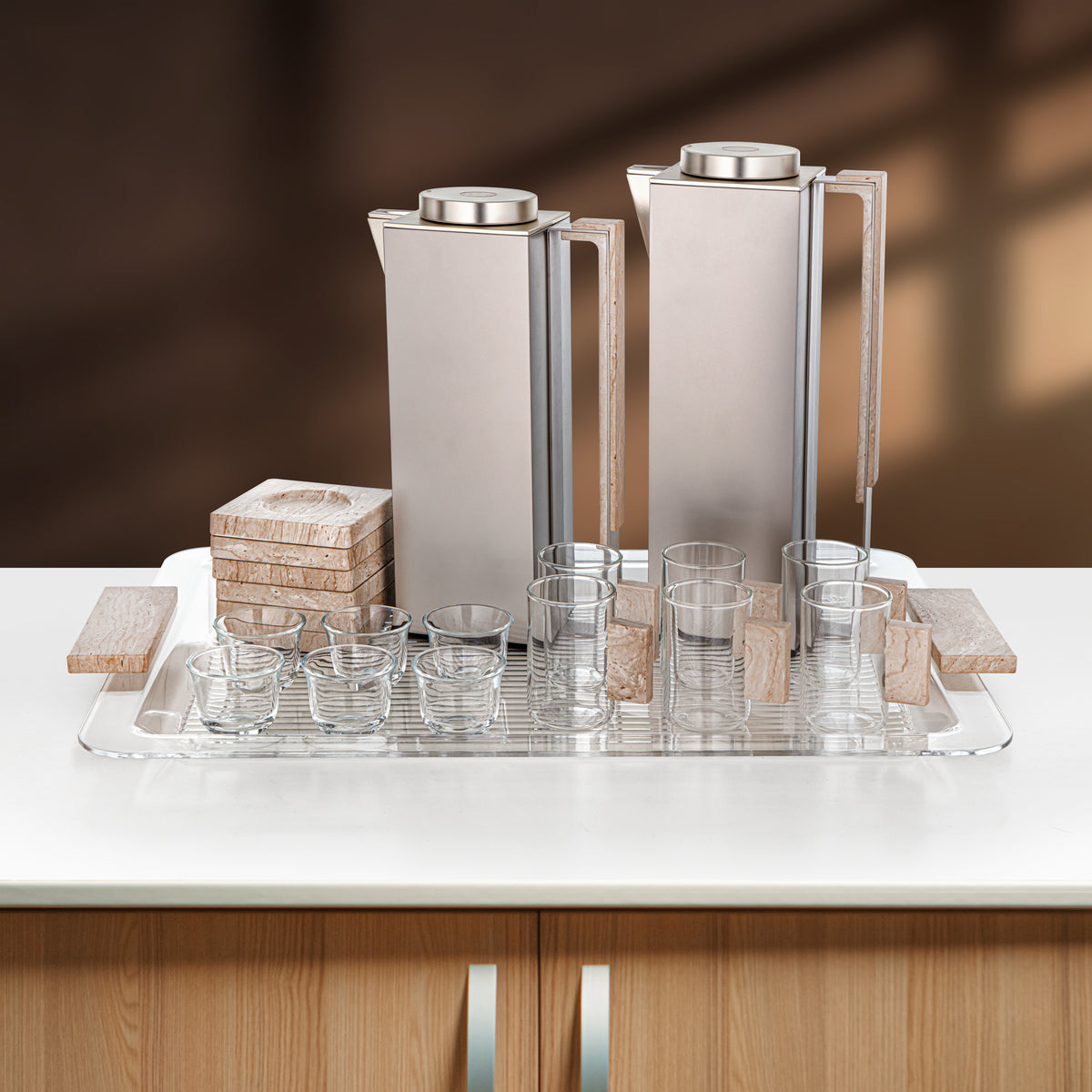 Almarjan 21 Pieces Tea & Coffee Set, Matt Nickel & Travertine Marble