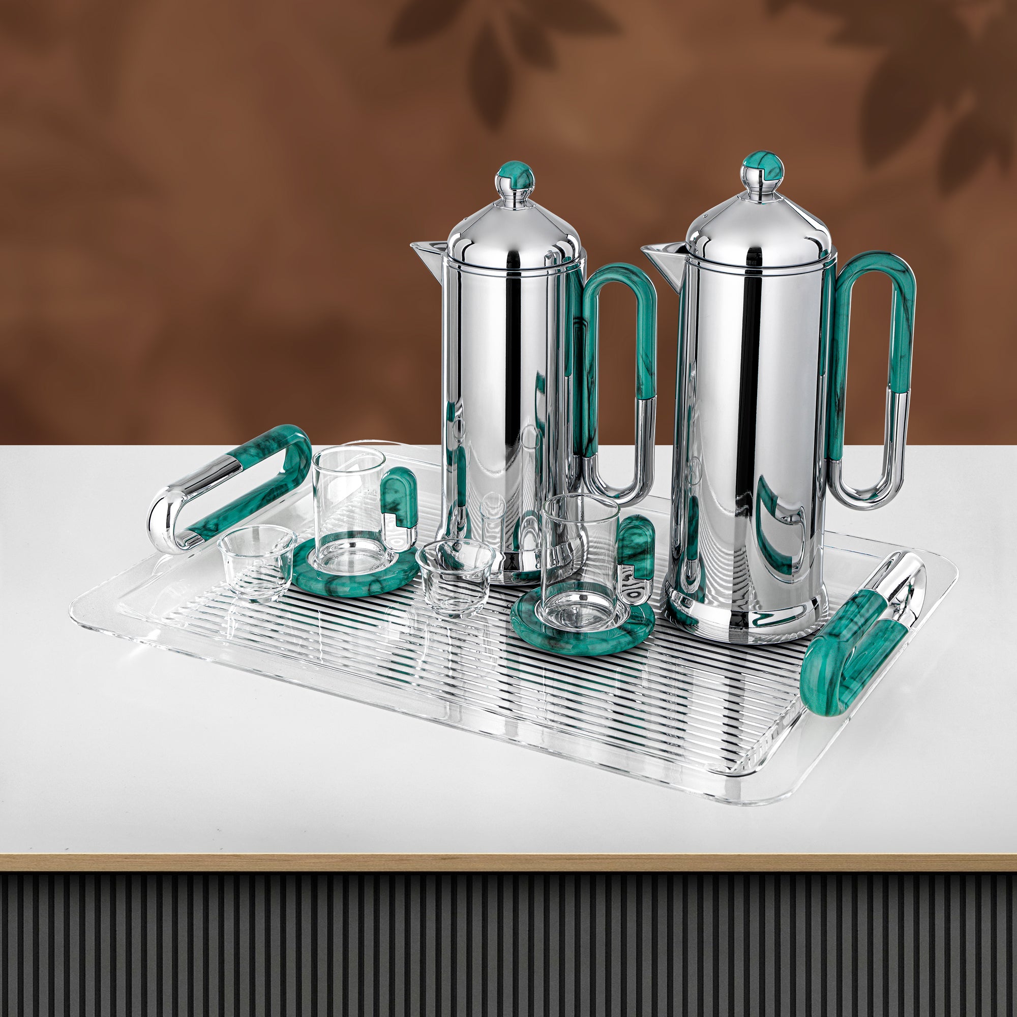 Almarjan 21 Pieces Tea & Coffee Serving Set, Silver & Tiffany Marble