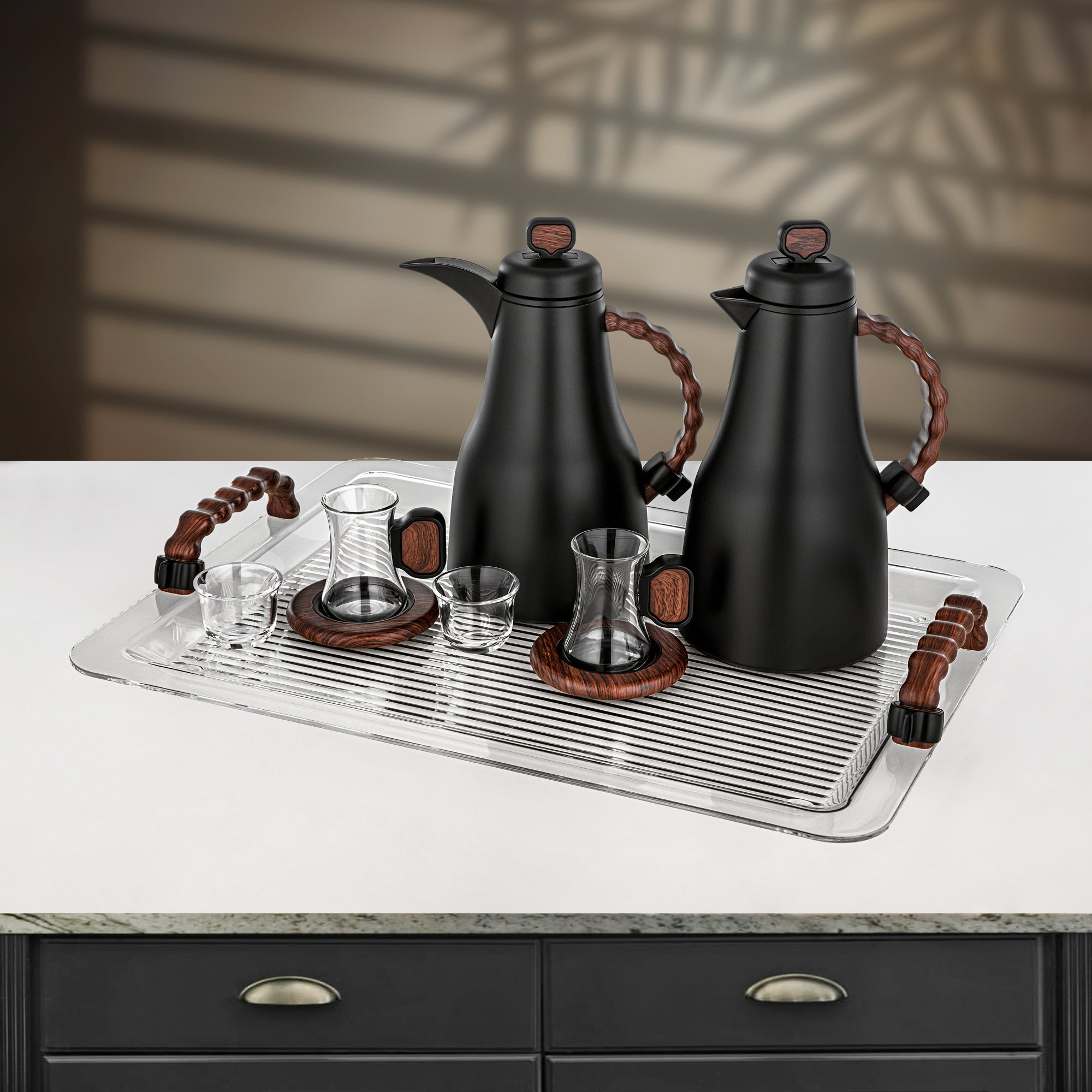Almarjan 21 Pieces Tea & Coffee Set, Black & Dark Wood