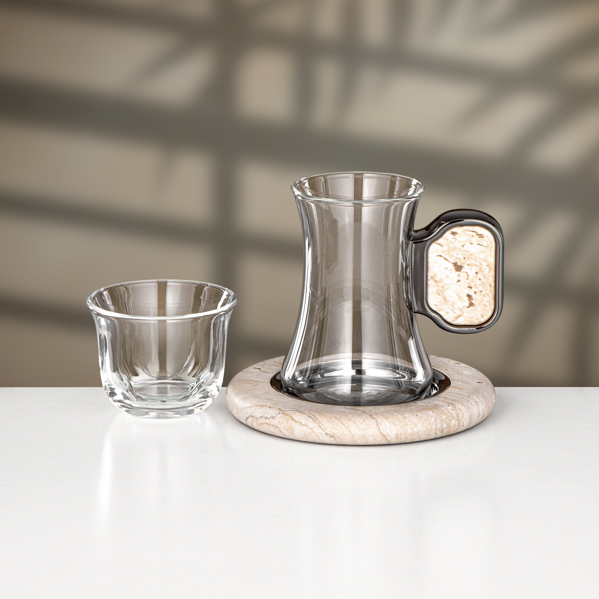 Almarjan 21 Pieces Tea & Coffee Set, Gun Black & Travertine Marble