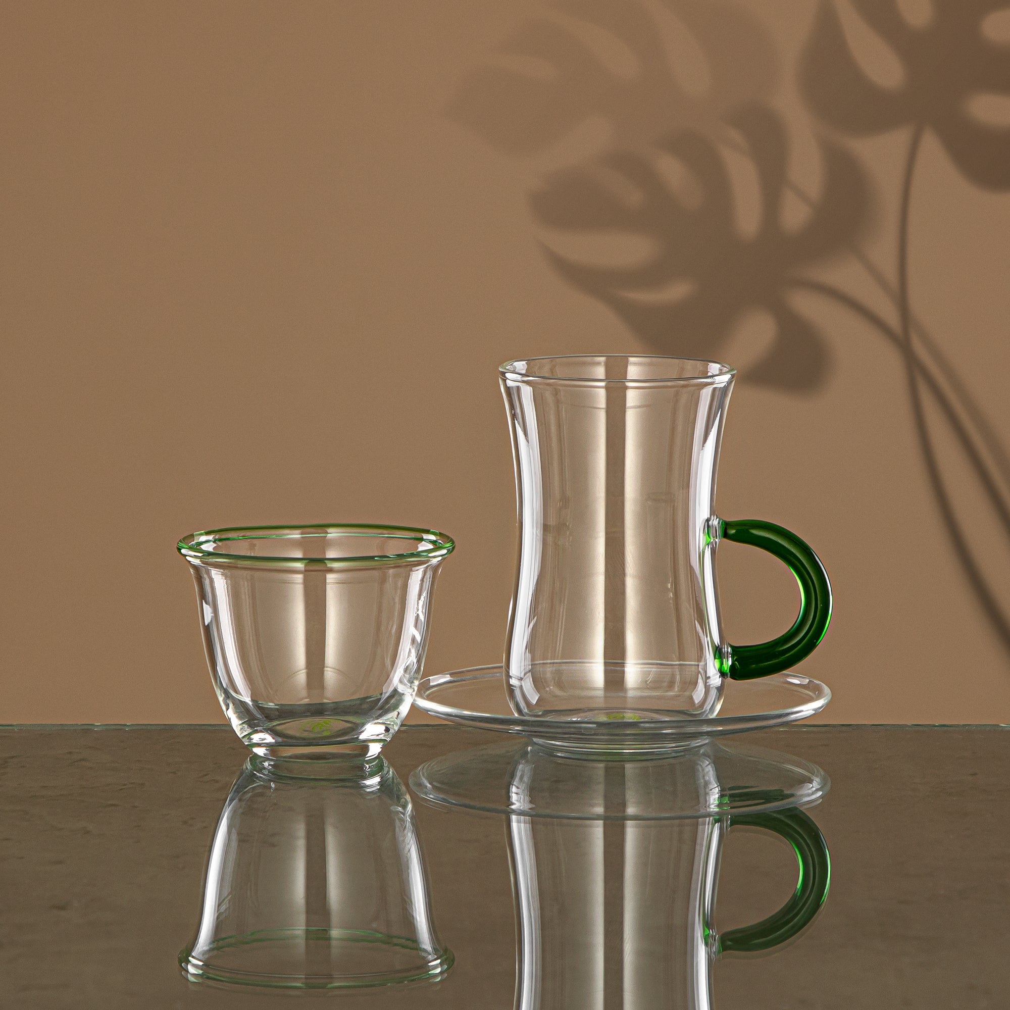 Almarjan Tea & Coffee Set 18 Pieces, Borosilicate Glass, Clear & Green (GLS0010113) - Serving Tea & Coffee