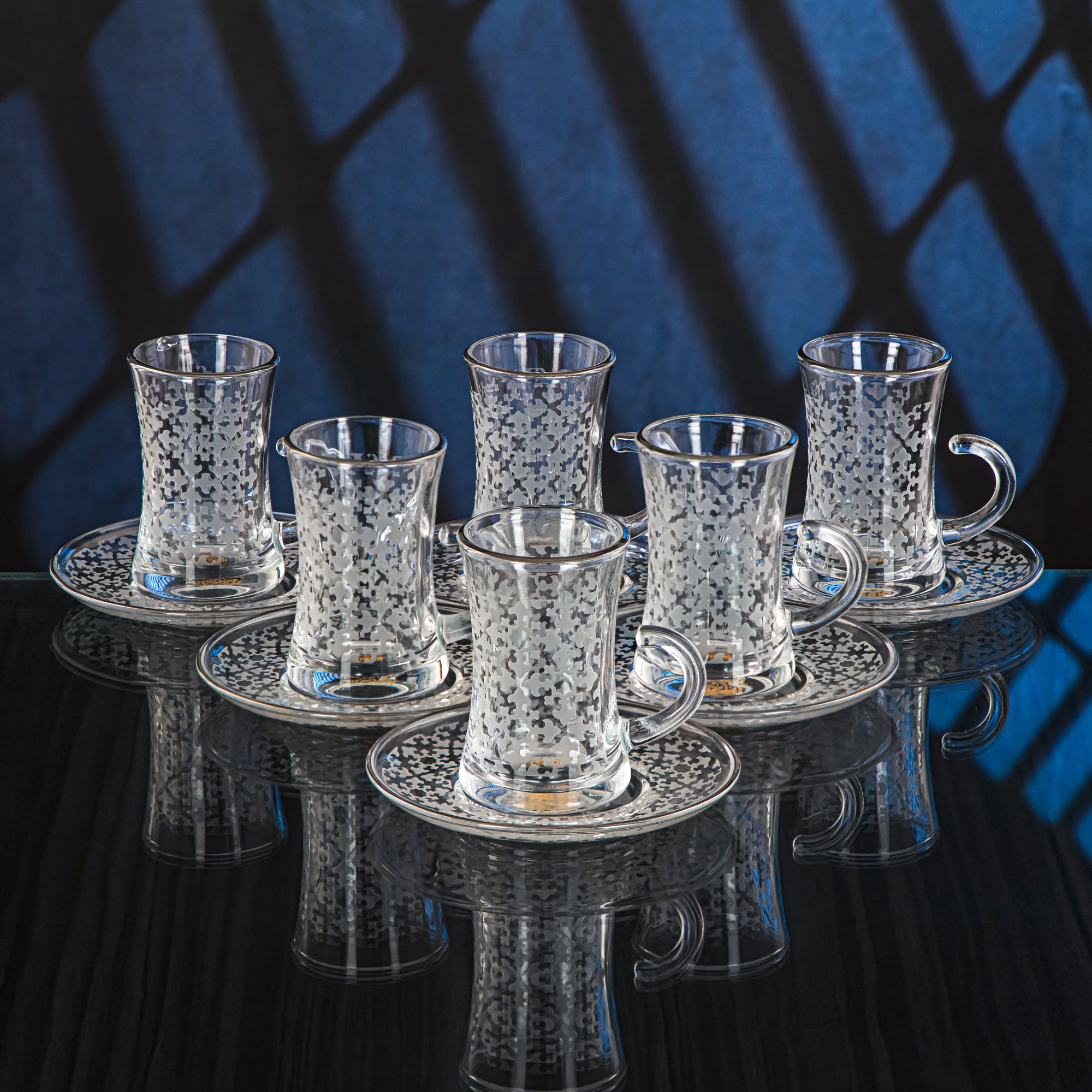 Almarjan 6 Pieces Zelij Collection Glass Tea Cup With Silver Rim - GLS2630032