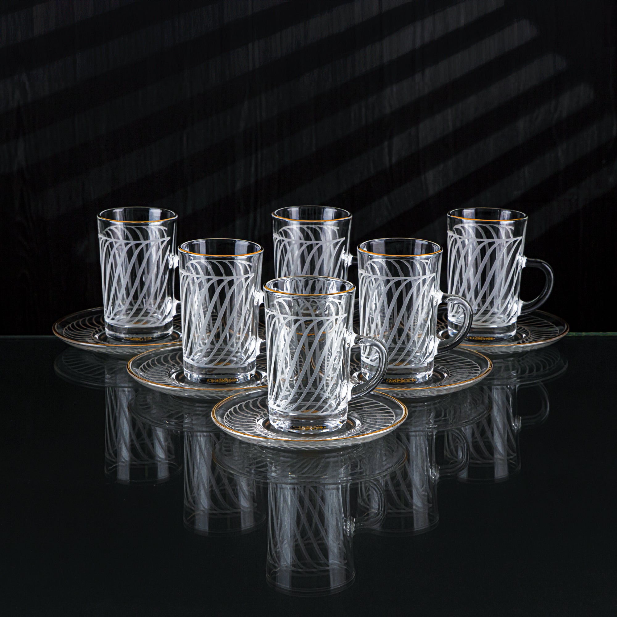 Almarjan 18 Pieces Wave Collection Glass Tea & Coffee Set With Golden Rim - GLS2630042