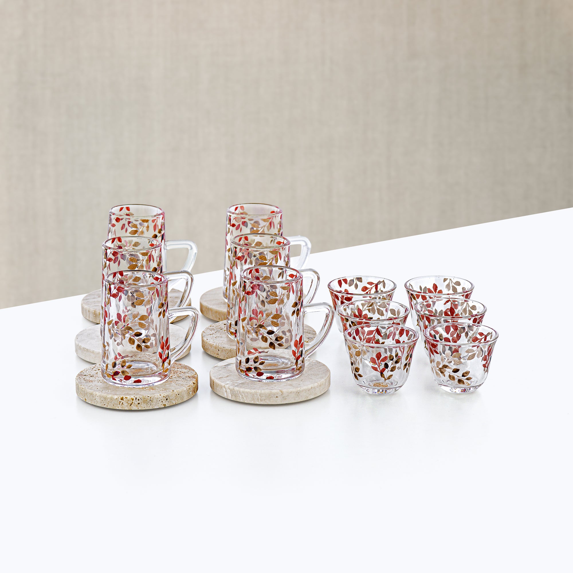 Almarjan Tea & Arabic Coffee Set 18 Pieces Glass & Travertine