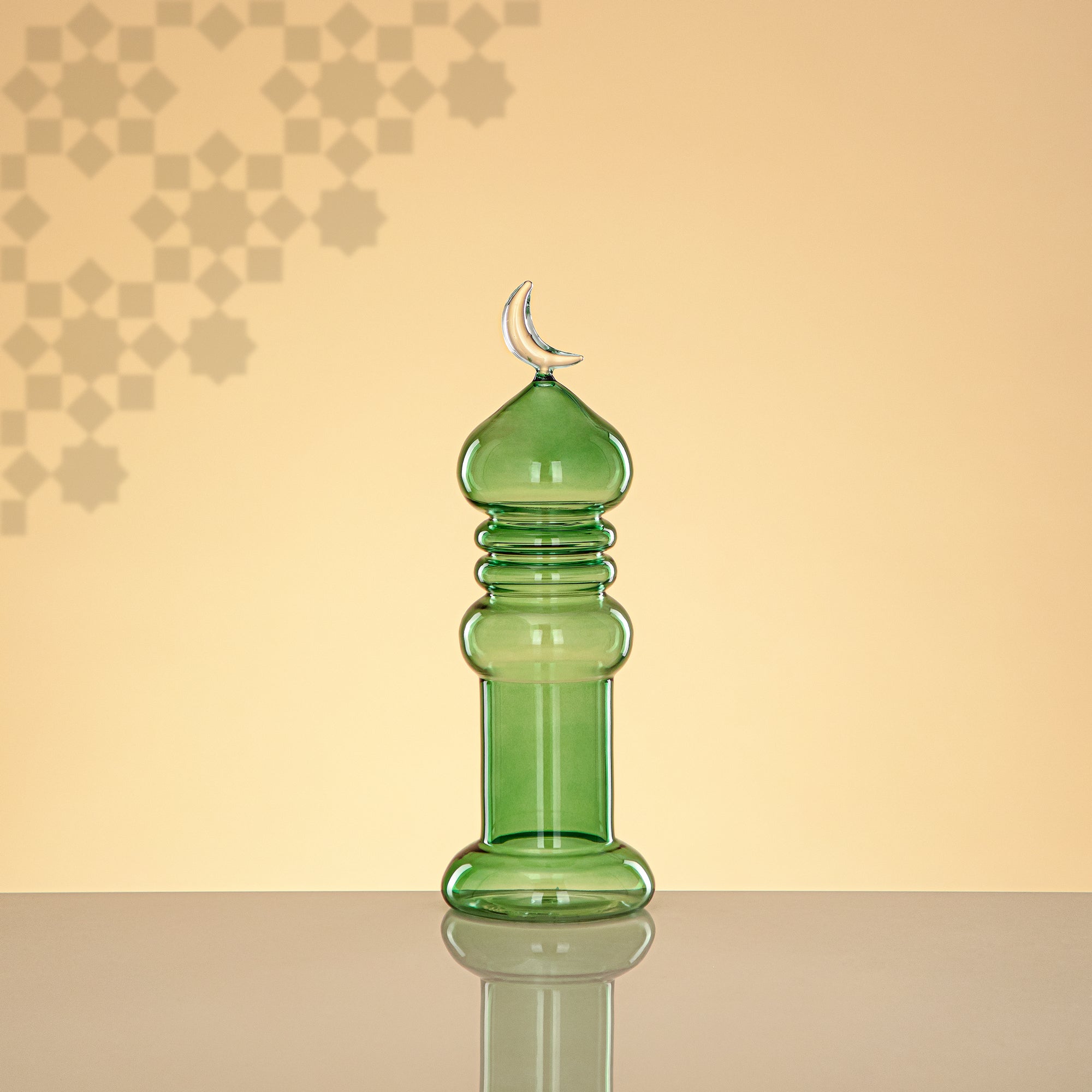 Almarjan Minaret Table Decoration 24cm x 8cm Transparent Green with Clear Crescent Moon – Noor Al Layali
