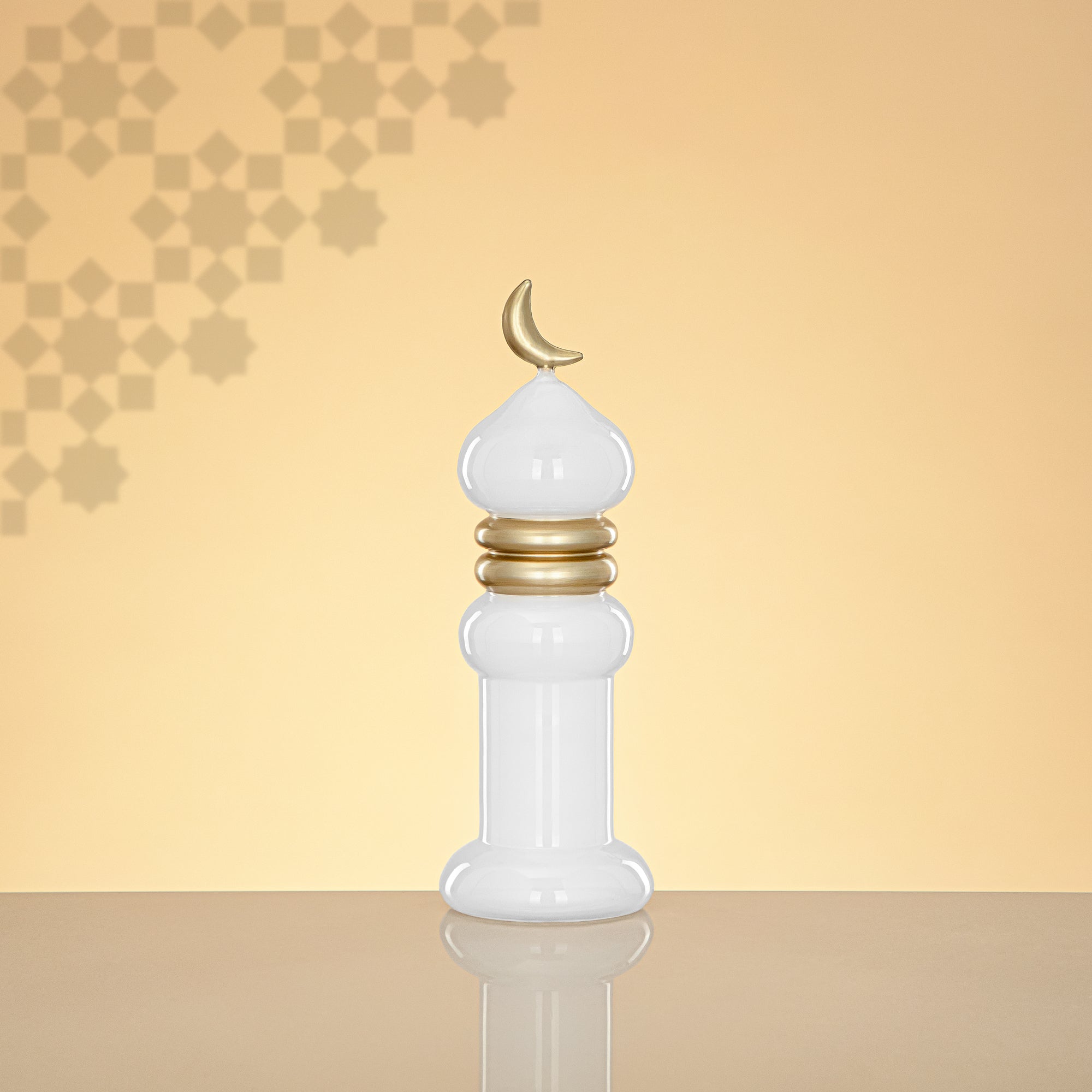 Almarjan Minaret Table Decoration 24cm x 8cm White with Golden Lines & Crescent Moon – Noor Al Layali