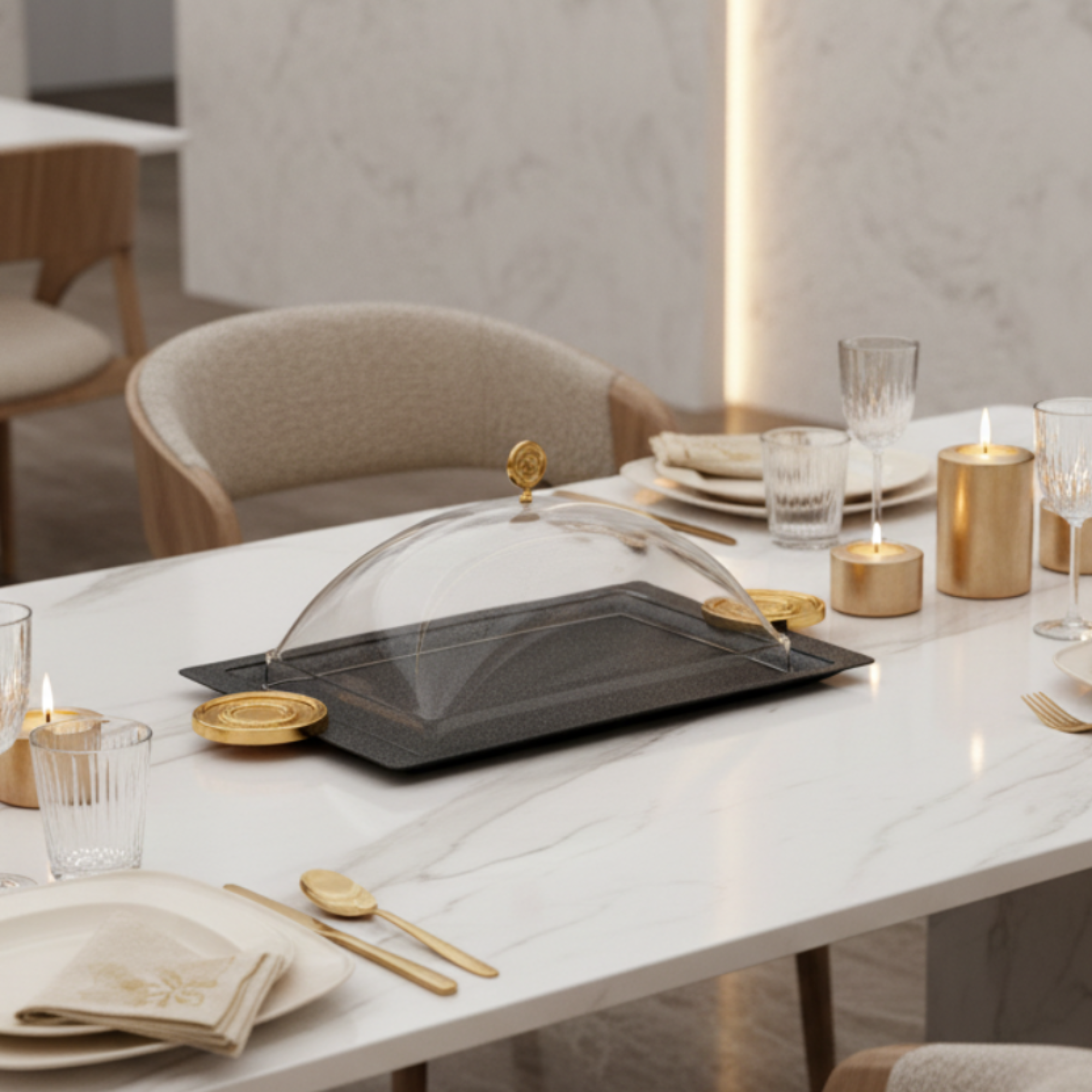 صينية تقديم المرجان مع غطاء 49 سم أسود وذهبي بتصميم متشقق