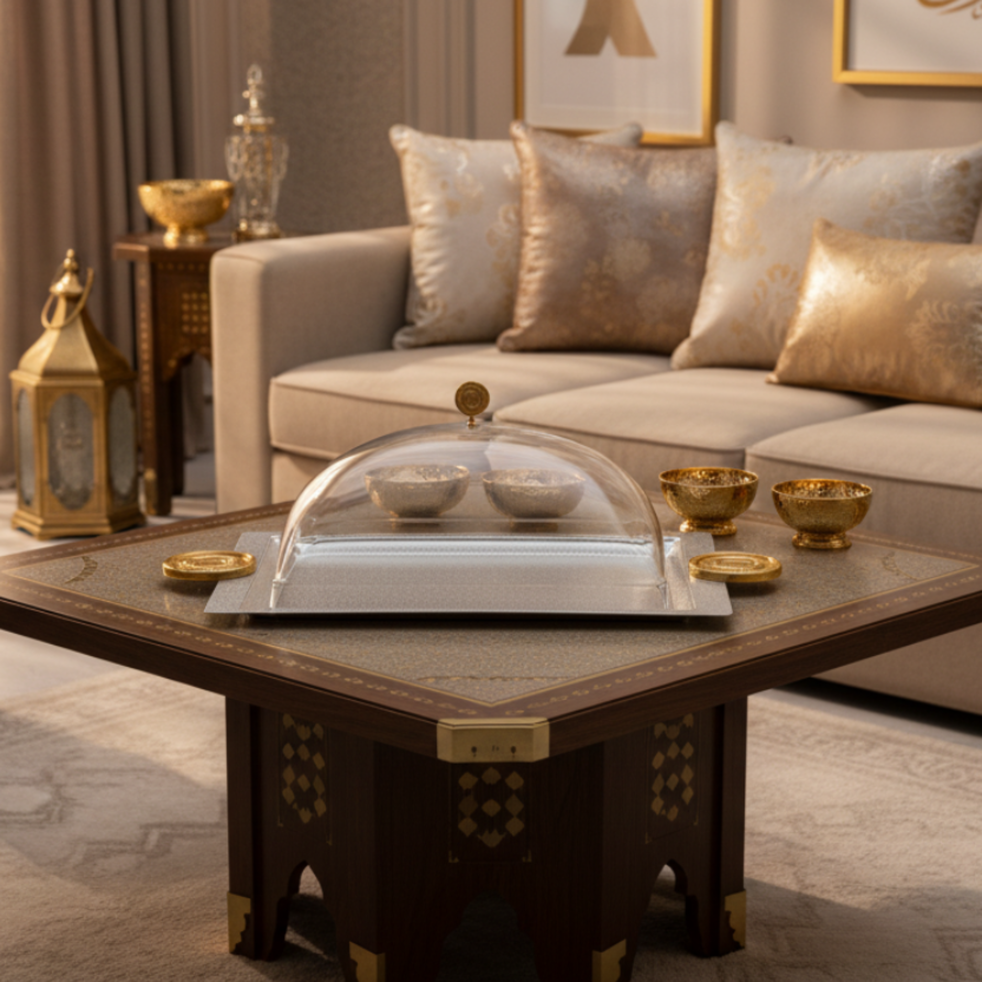 صينية تقديم المرجان مع غطاء 53 سم فضي وذهبي بتصميم متشقق