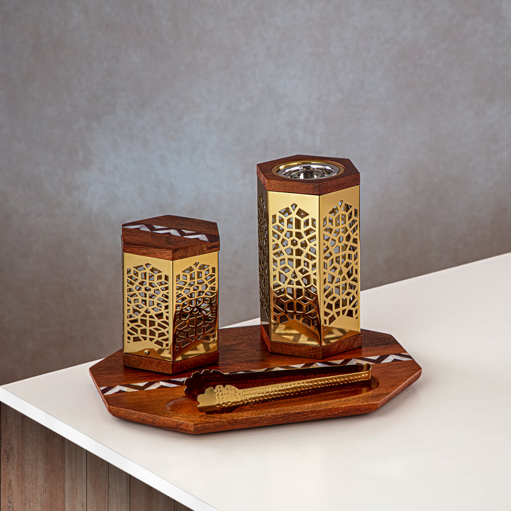 Almarjan 4 Pieces Incense Burner Set Wood & Gold - MD-267 B