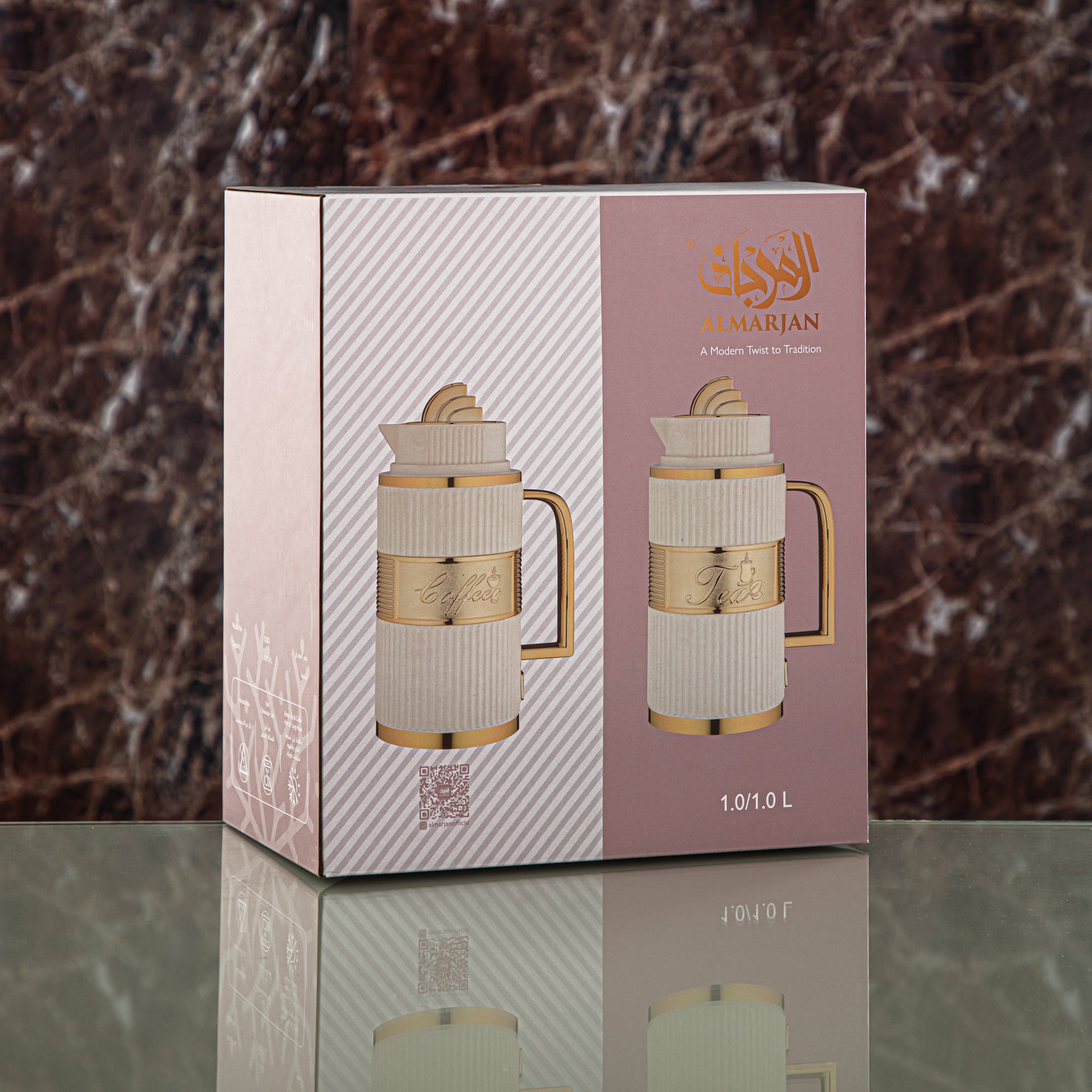 Almarjan Vacuum Flask Set, ABS, Push Button - 1L + 1L, Matt Silver (OUD-MN) - Tea & Coffee